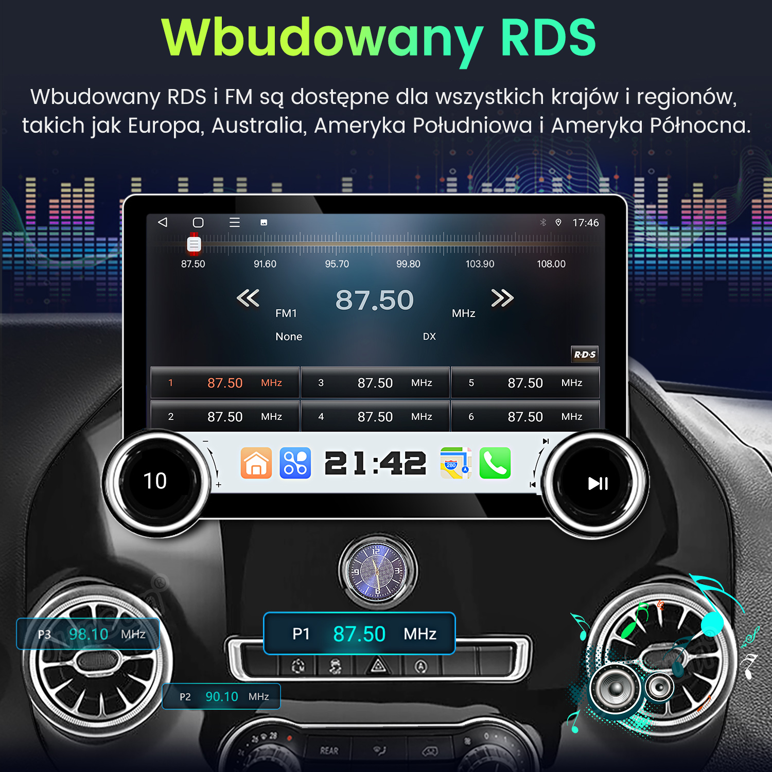 Wyświetlacz radia samochodowego z interfejsem radia FM. Pokazuje częstotliwość, czas i różne przyciski do sterowania.