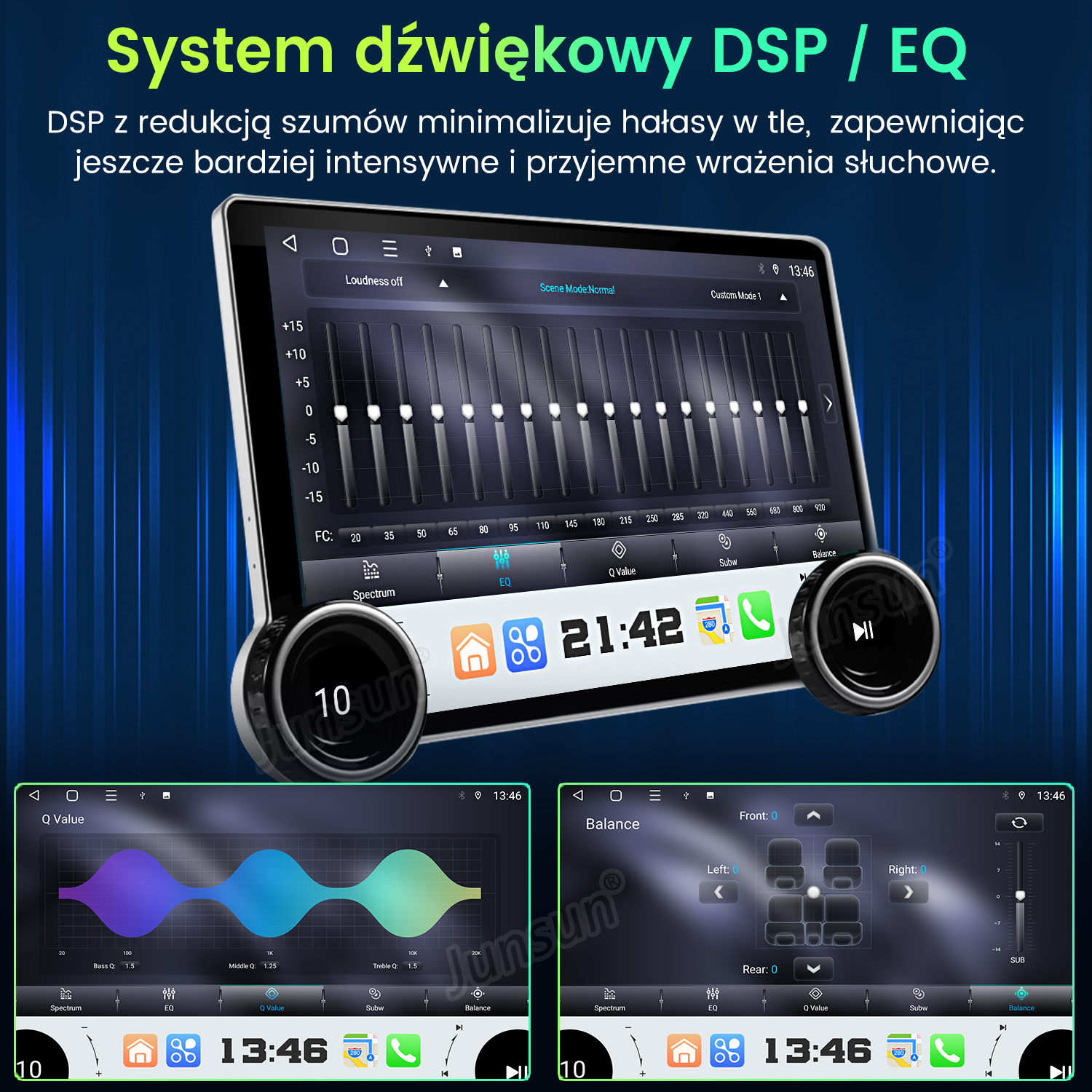 Interfejs systemu audio w samochodzie z ustawieniami korektora. Wyświetla suwaki częstotliwości, balans i czas.