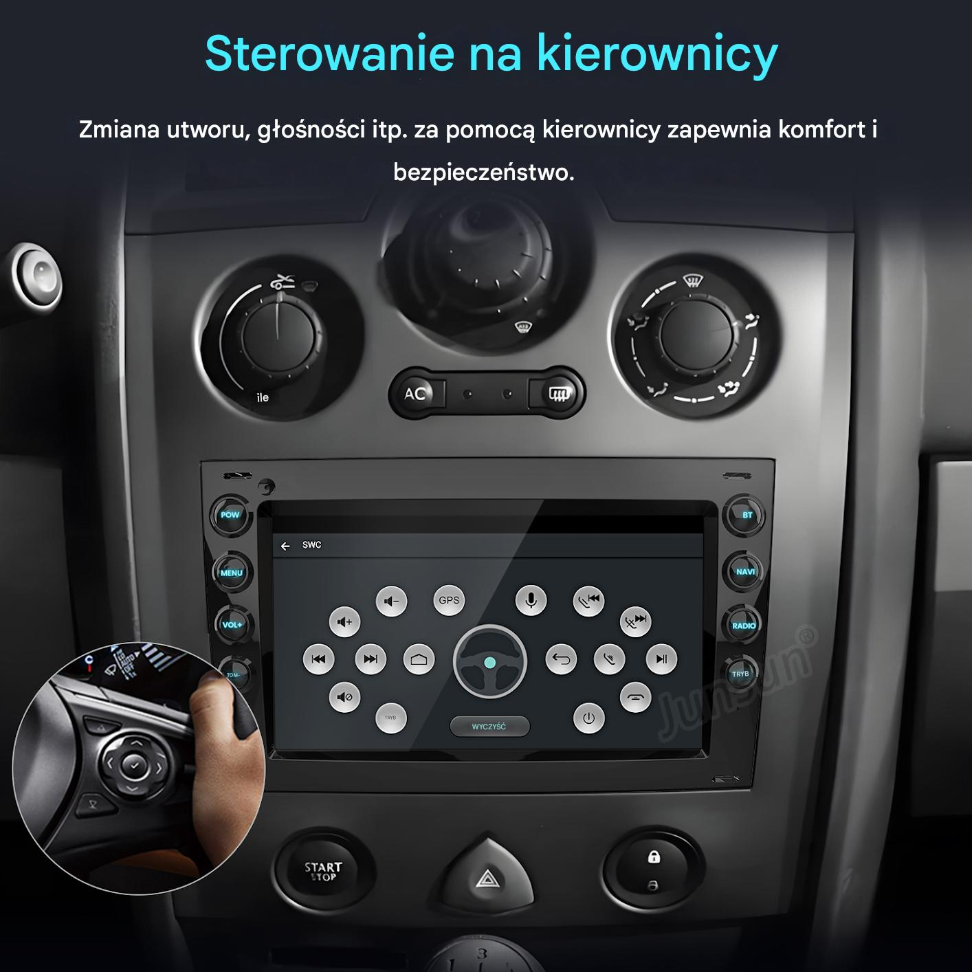 Wnętrze samochodu z systemem multimedialnym, sterowaniem z kierownicy i przyciskami. Ekran wyświetla opcje nawigacji.