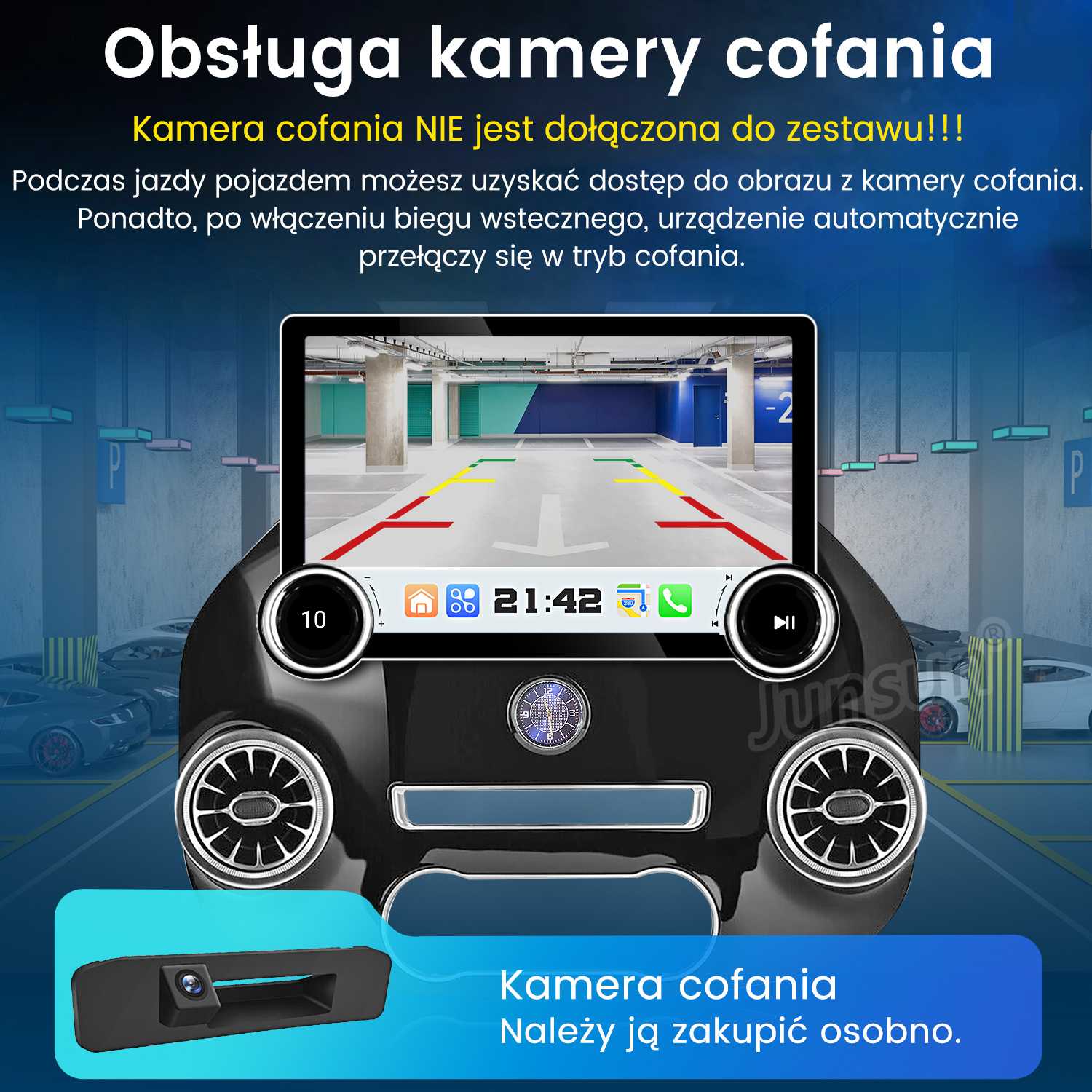 Deska rozdzielcza samochodu z ekranem wyświetlającym widok parkingu. Poniżej pokazana jest oddzielna kamera, oznaczona jako nie dołączona.