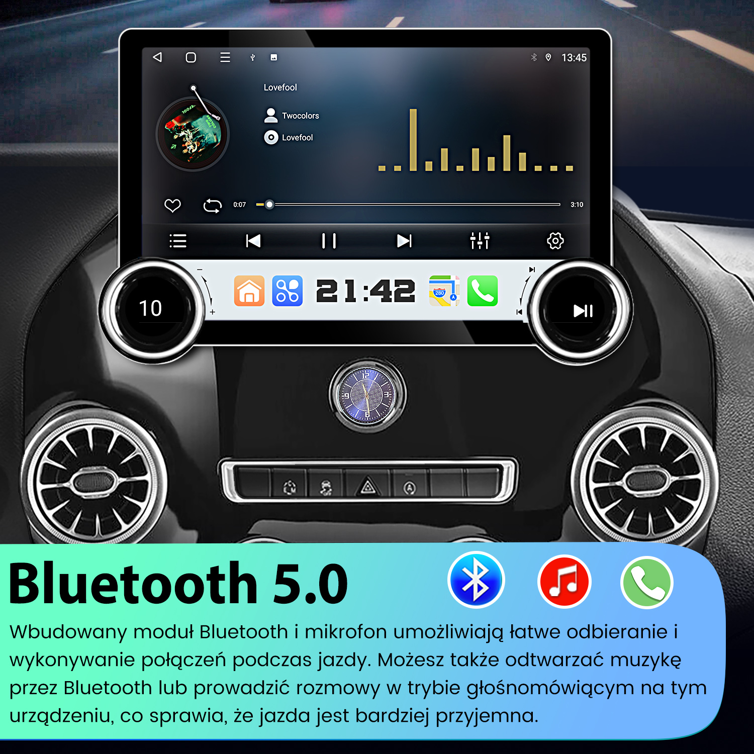 System multimedialny samochodu z ekranem wyświetlającym elementy sterowania muzyką, godzinę i funkcje Bluetooth oraz tekst poniżej o Bluetooth 5.0.