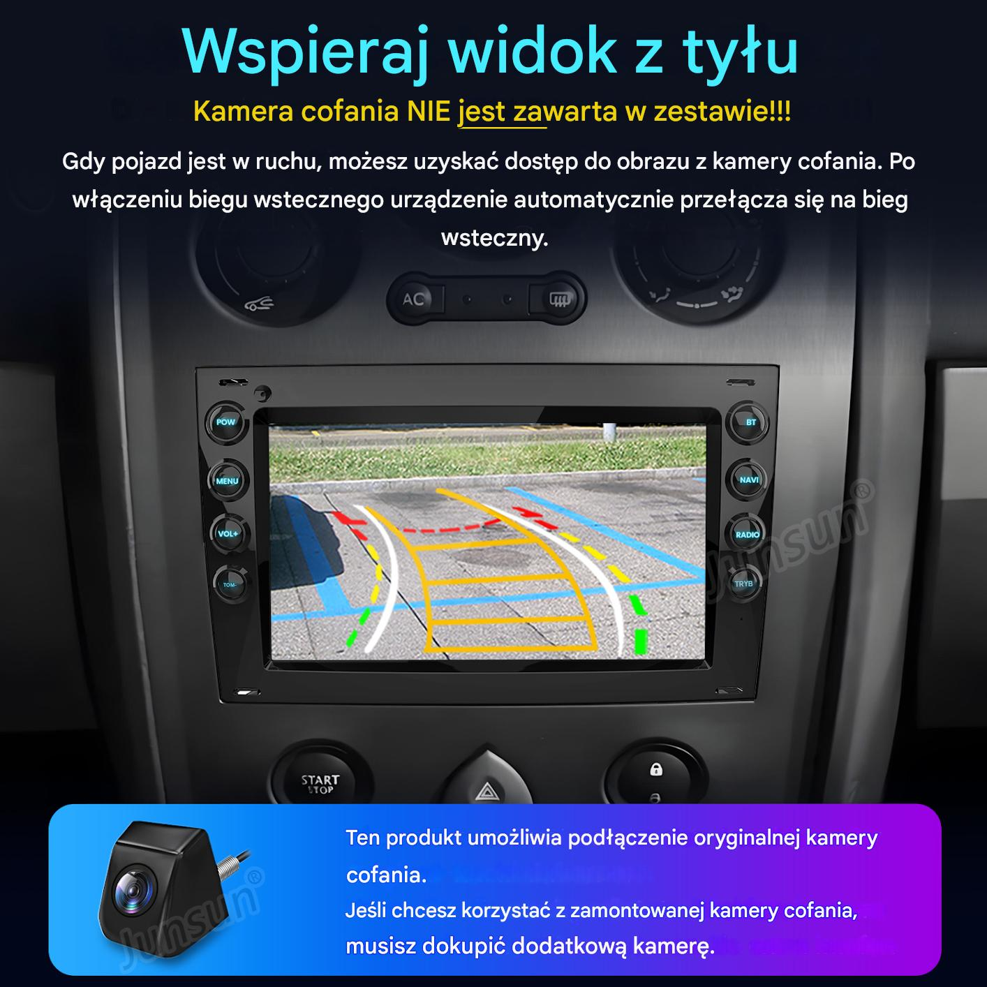 Deska rozdzielcza samochodu z ekranem pokazującym widok z kamery cofania. Tekst w języku polskim wyjaśnia funkcje i konfigurację kamery.