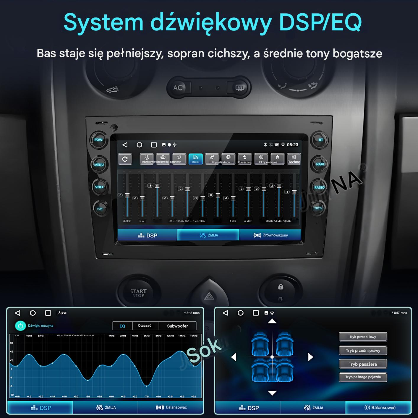Interfejs systemu audio w samochodzie z korektorem, pokazujący regulacje częstotliwości i dźwięku, z przyciskami sterowania.