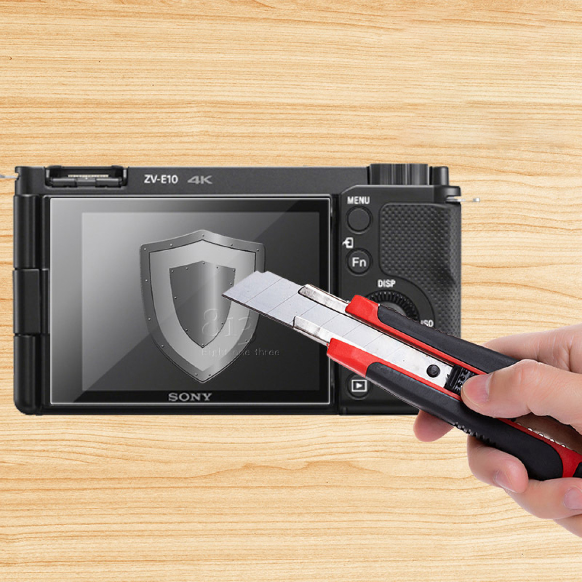 Ręka trzyma nóż do cięcia w pobliżu ekranu aparatu z osłoną ekranu. Scena rozgrywa się na drewnianej powierzchni.