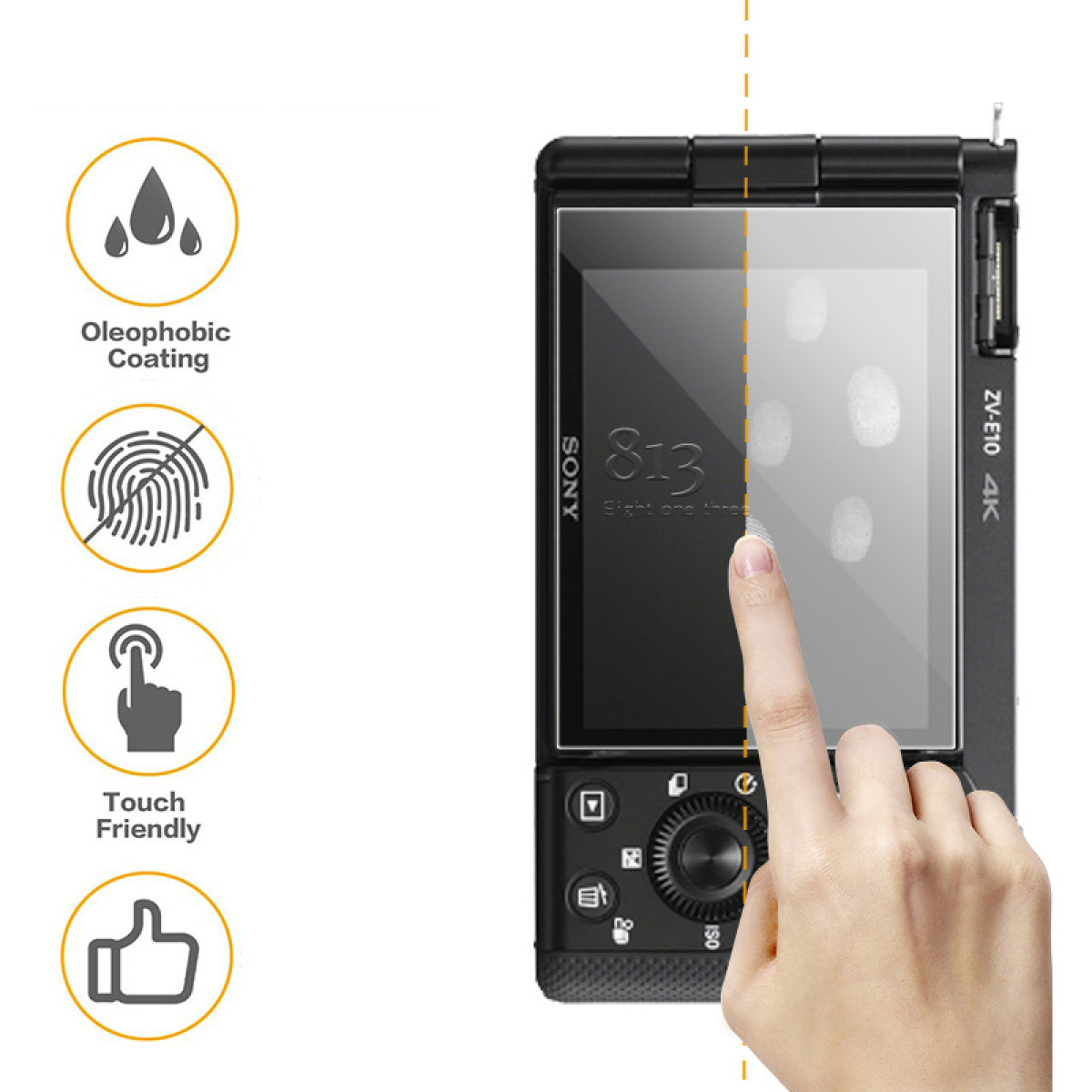 Ręka dotyka ekranu aparatu, w połowie czystego, a w połowie z odciskami palców. Widoczne są ikony wskazujące funkcje, takie jak powłoka oleofobowa.