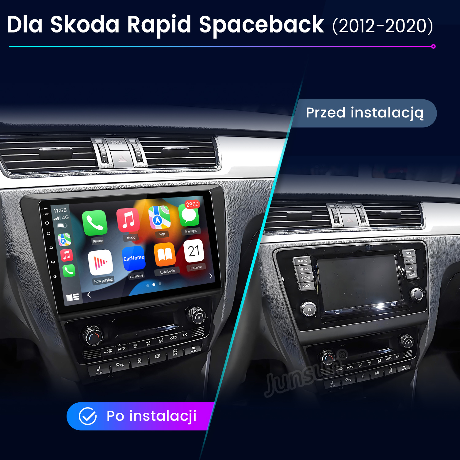 Porównanie deski rozdzielczej samochodu przed i po instalacji nowego ekranu. Pokazuje aplikacje i elementy sterujące z polskim tekstem.