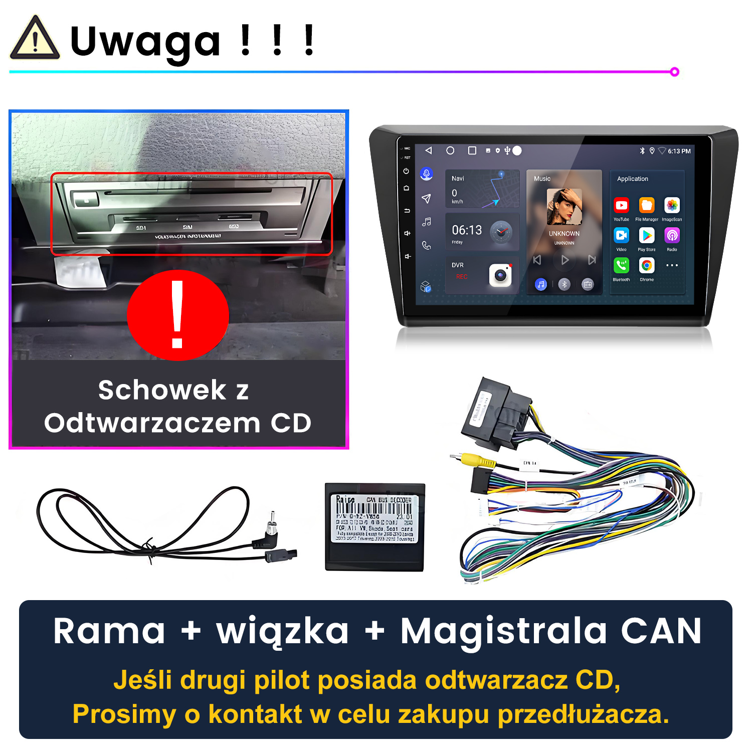 Obraz przedstawia części systemu audio w samochodzie: ekran, slot odtwarzacza CD, kable i tekst po polsku. Znak ostrzegawczy na górze.