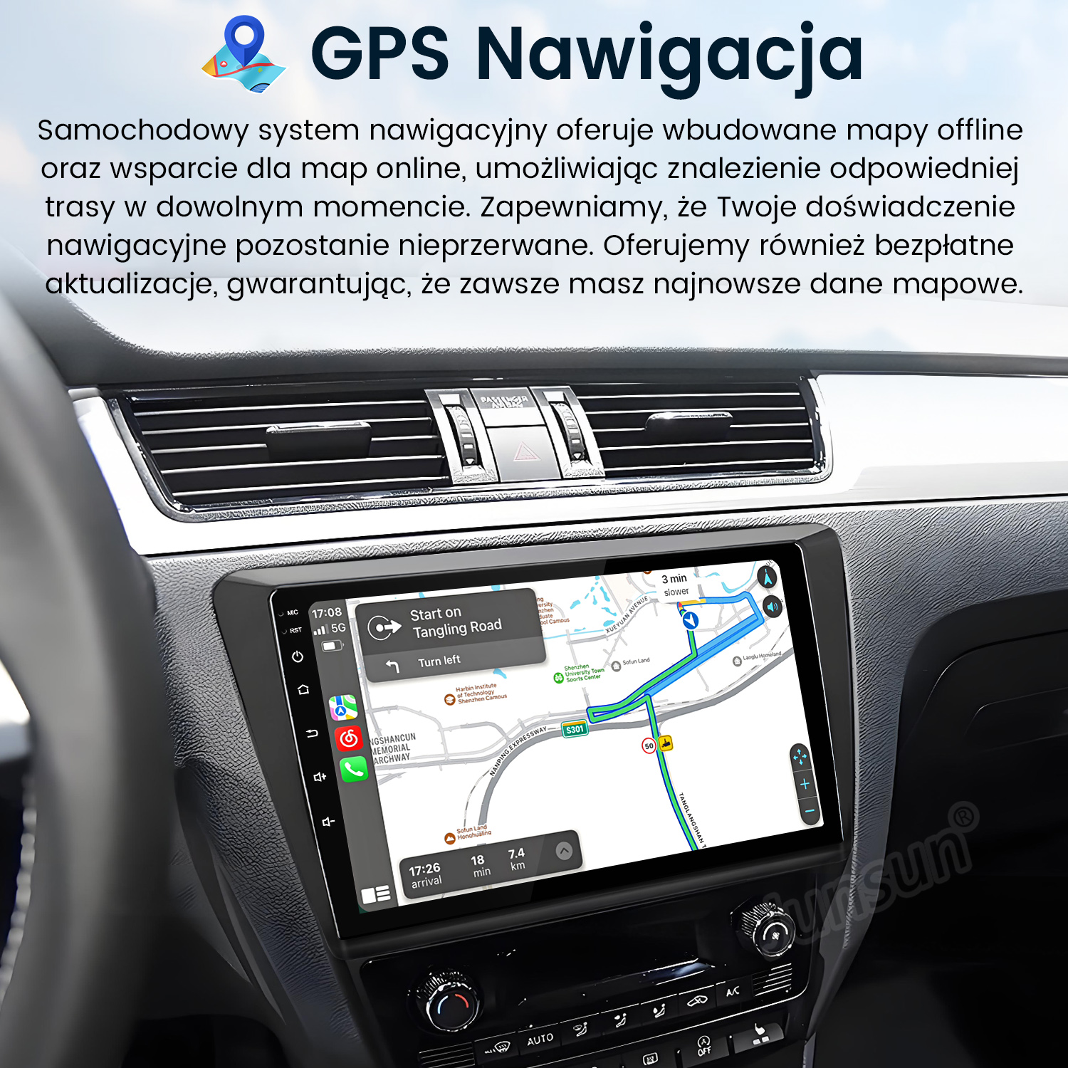 Deska rozdzielcza samochodu z ekranem nawigacji GPS wyświetlającym mapę ze wskazówkami i różnymi informacjami.