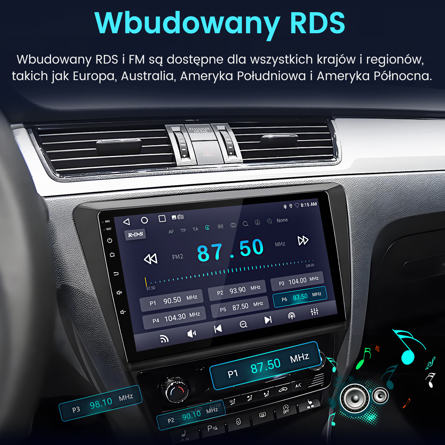 System informacyjno-rozrywkowy w samochodzie z wyświetlaczem radia FM pokazującym częstotliwość 87,50 MHz. Zawiera przyciski i grafikę głośnika.