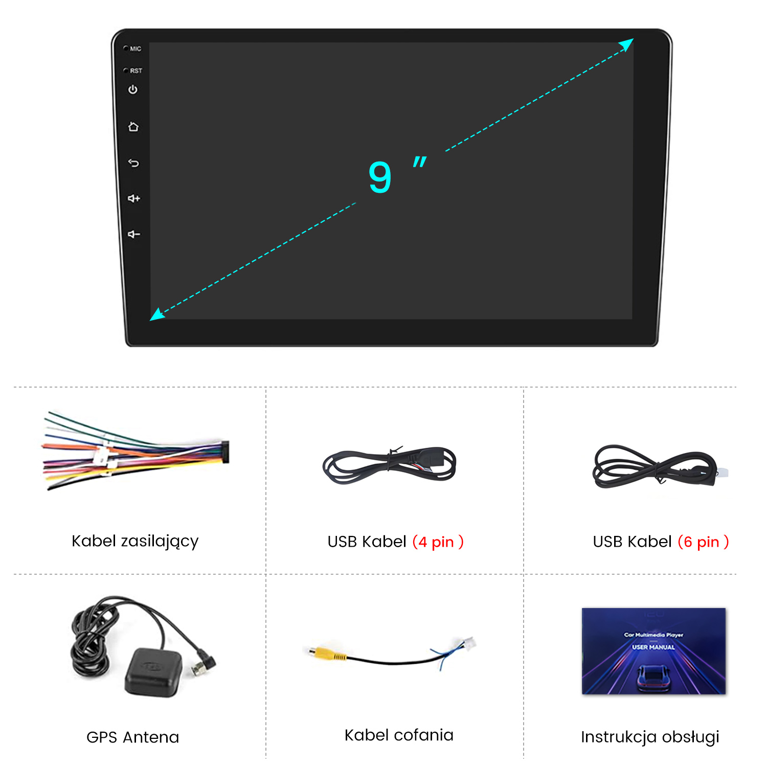 Odtwarzacz multimedialny do samochodu z 9-calowym ekranem, kablami, anteną GPS i instrukcją obsługi. Różne kable, w tym zasilania i USB.