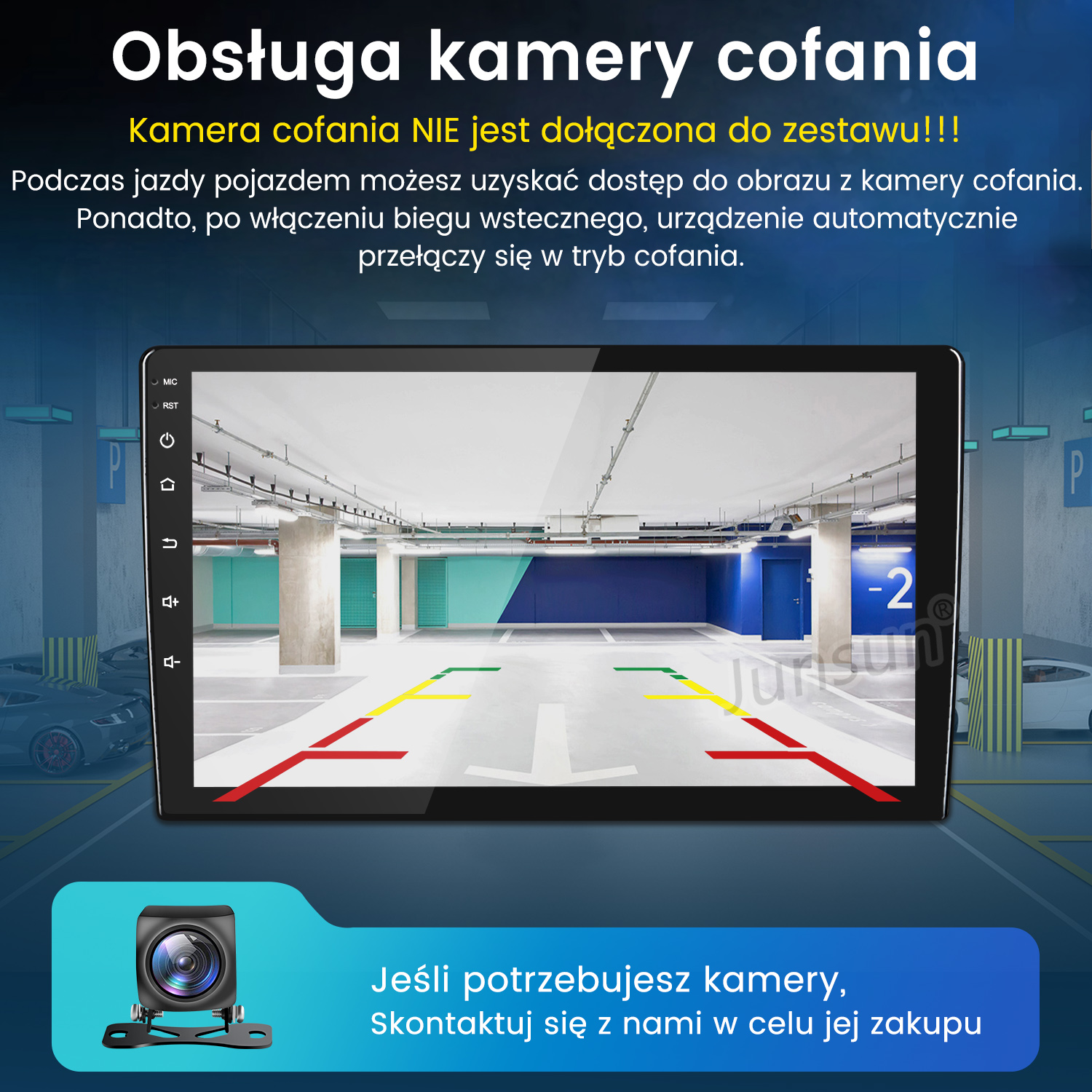 Obraz pokazuje ekran wyświetlający garaż z kamerą samochodową na dole. Tekst wyjaśnia funkcję kamery.