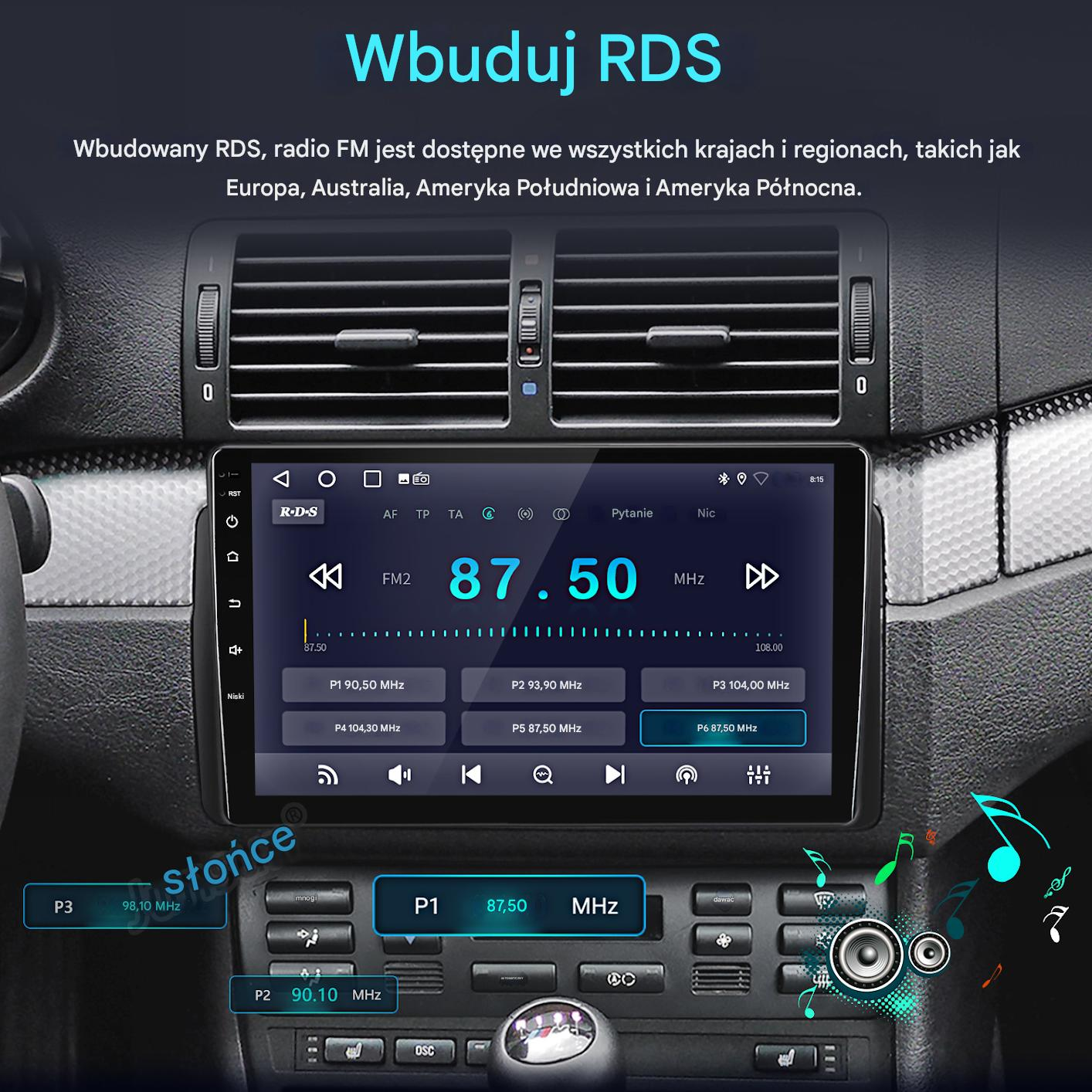 Radio samochodowe z częstotliwością FM na ekranie. Widoczne przyciski stacji radiowych i elementy sterowania samochodem.
