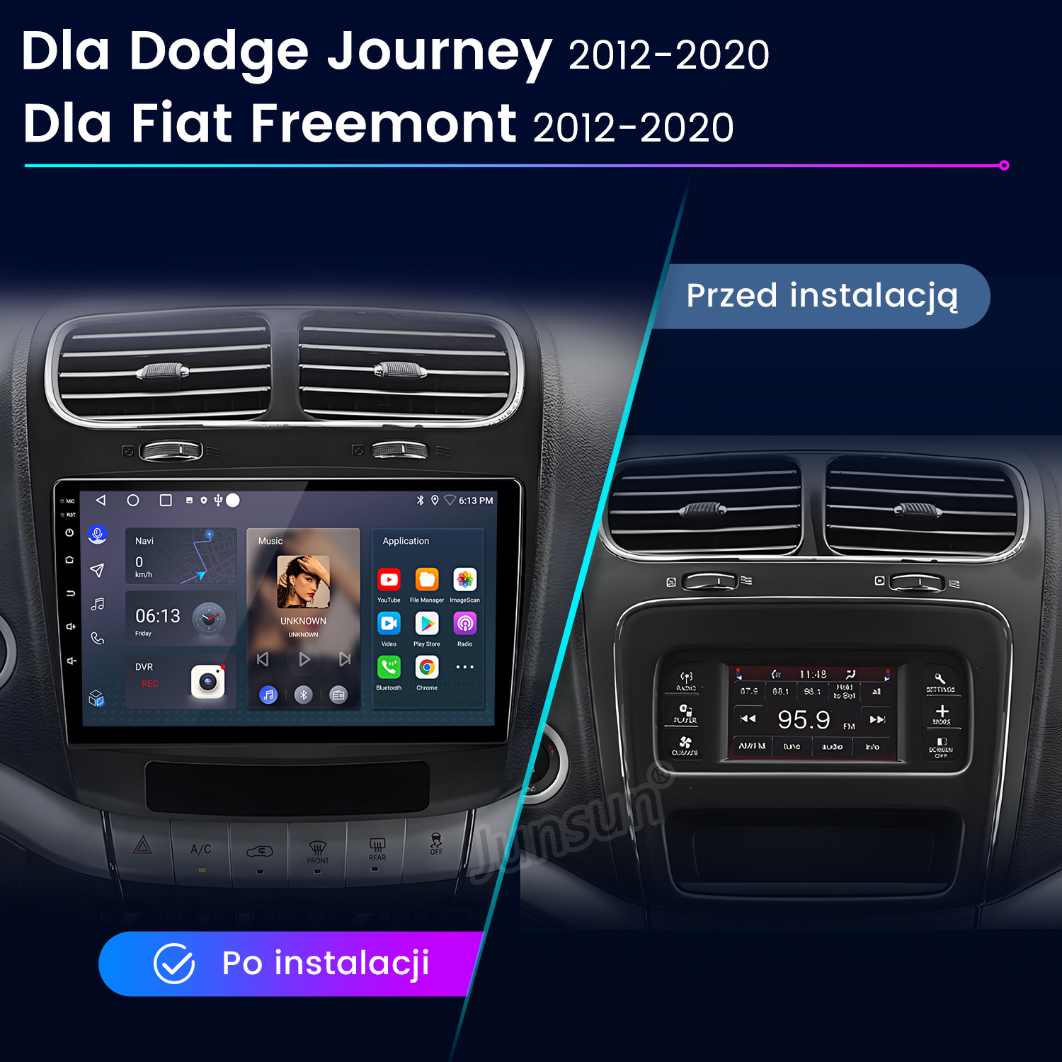 Deska rozdzielcza samochodu przed i po instalacji. Pokazuje radio, nawigację i interfejs multimedialny.