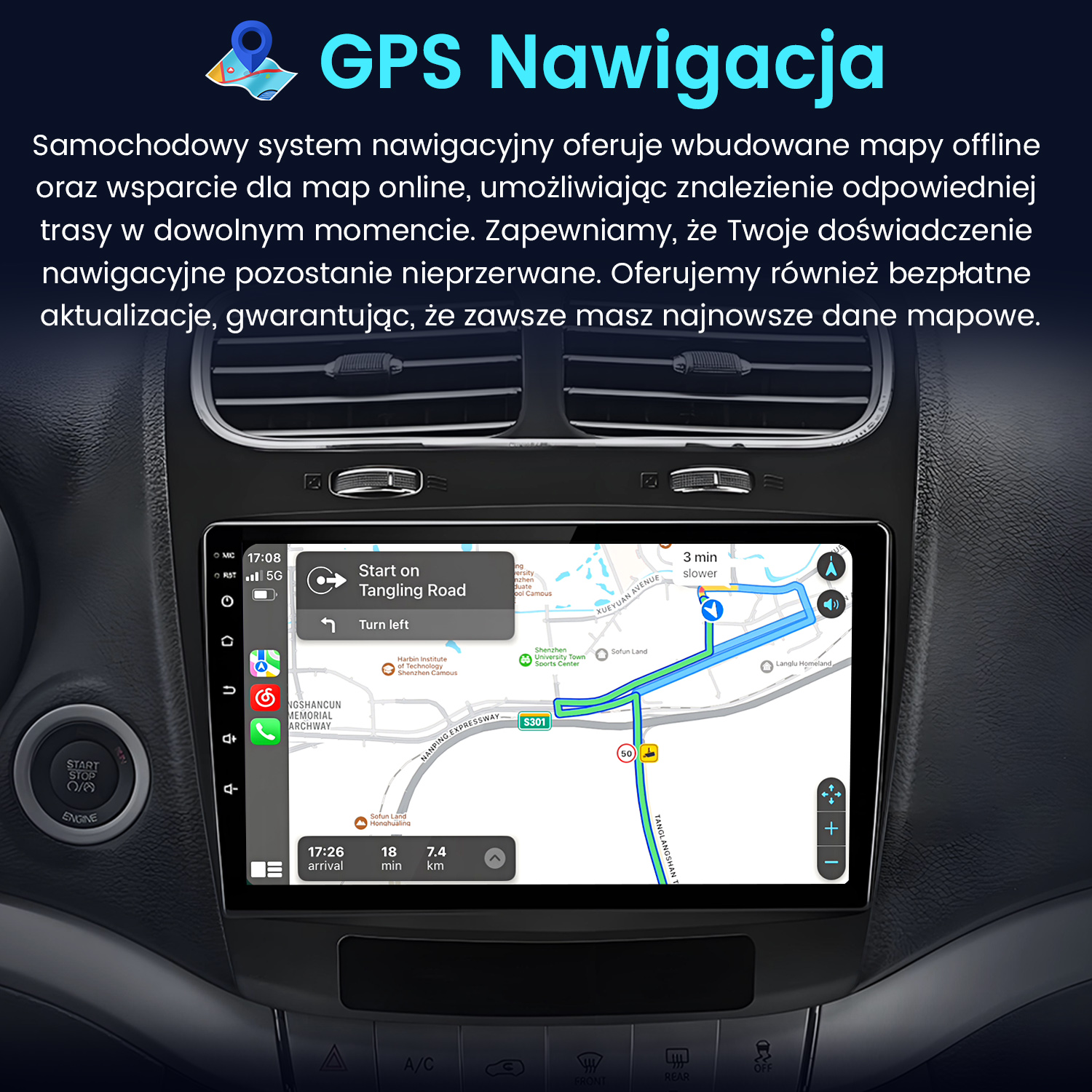 Deska rozdzielcza samochodu wyświetla mapę nawigacji GPS. Pokazuje trasę, czas i odległość.