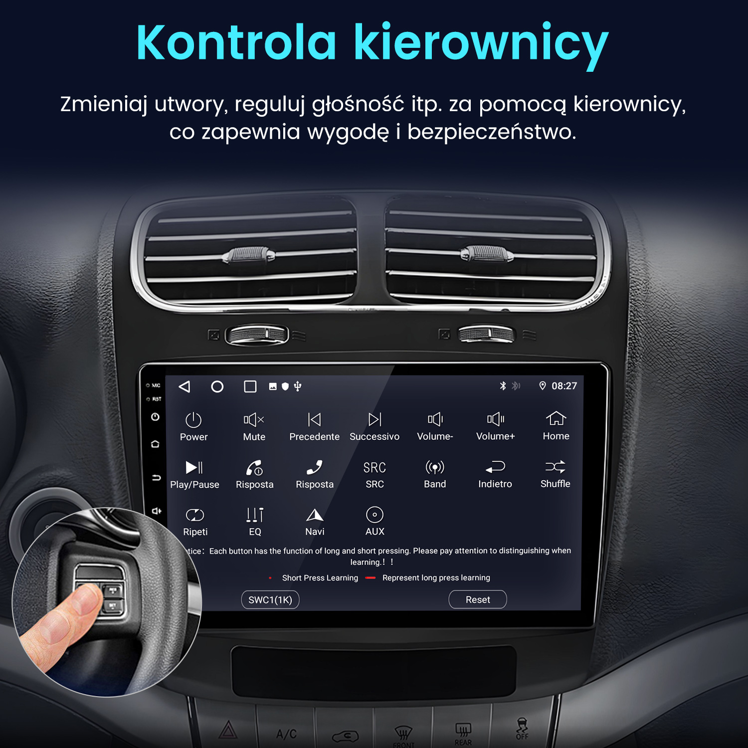 Deska rozdzielcza samochodu z ekranem dotykowym i elementami sterowania w kierownicy. Palec naciska przycisk na kierownicy.