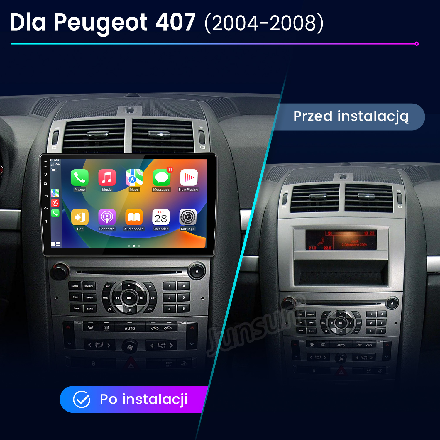 Porównanie deski rozdzielczej samochodu. Po lewej nowoczesny wyświetlacz, po prawej oryginalne radio. Obrazek pokazuje 'przed' i 'po' instalacji.