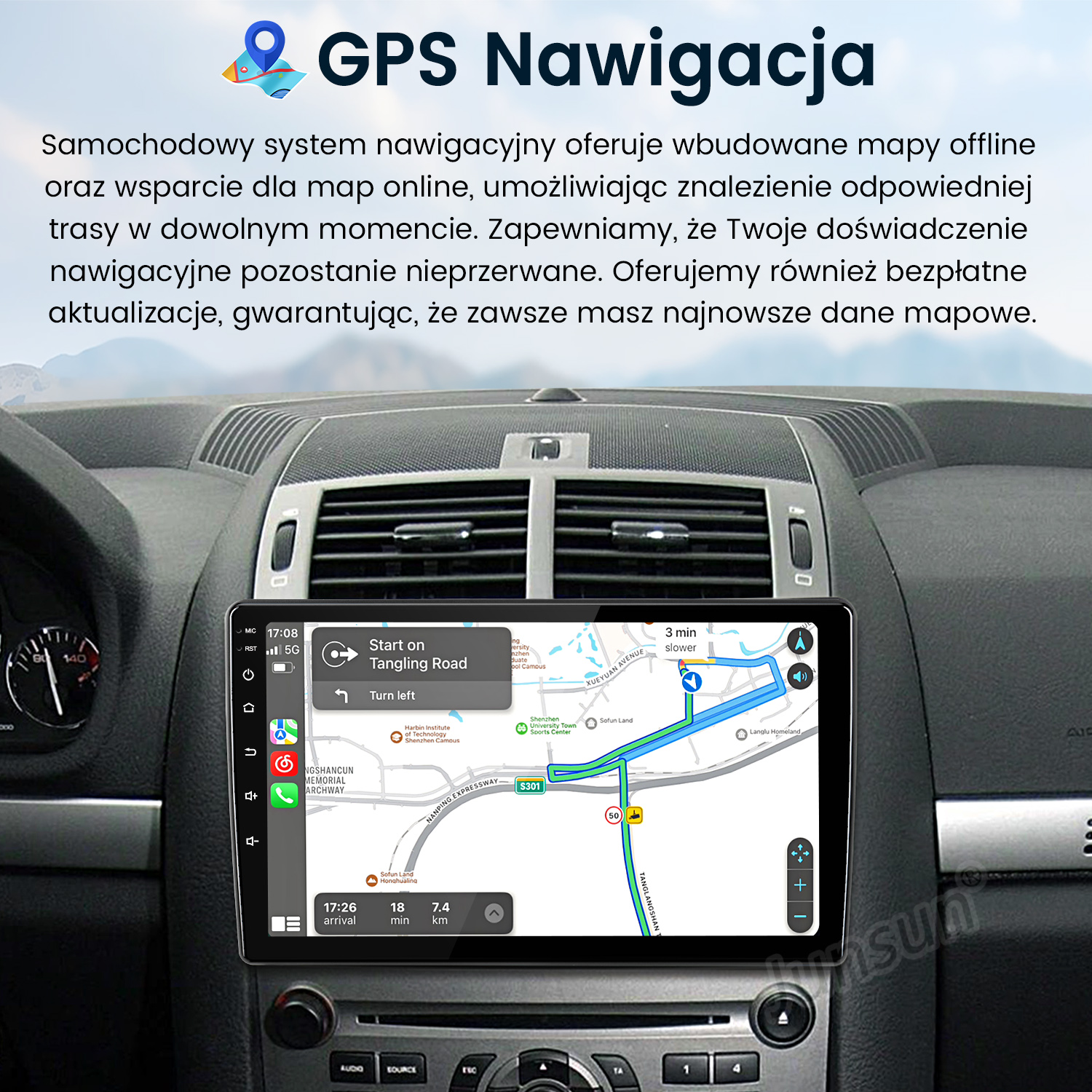 System nawigacji samochodowej pokazujący mapę z prowadzeniem po trasie. Ekran wyświetla aktualną lokalizację i wskazówki.