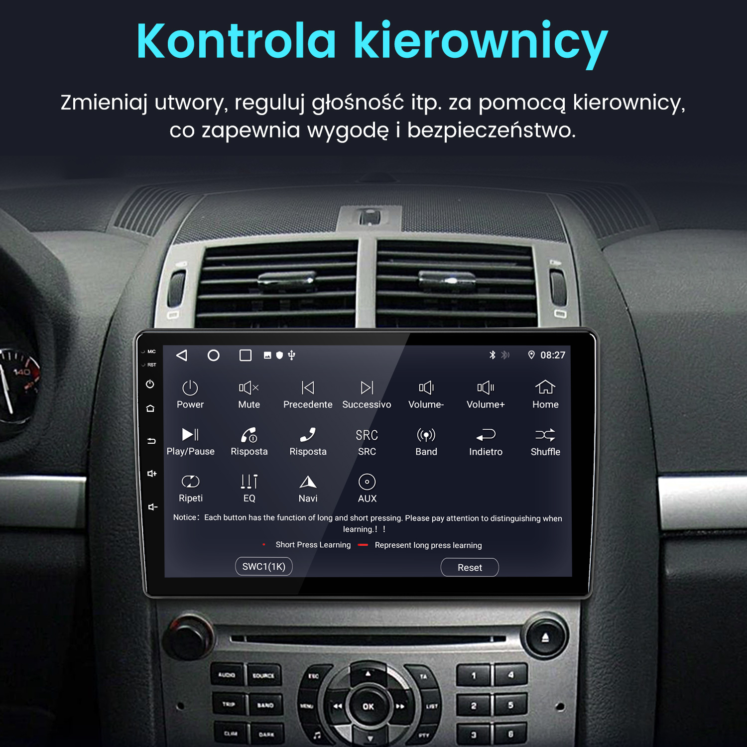 Deska rozdzielcza samochodu z ekranem dotykowym pokazującym elementy sterowania audio, nawigacją i ustawieniami. Tekst polski.