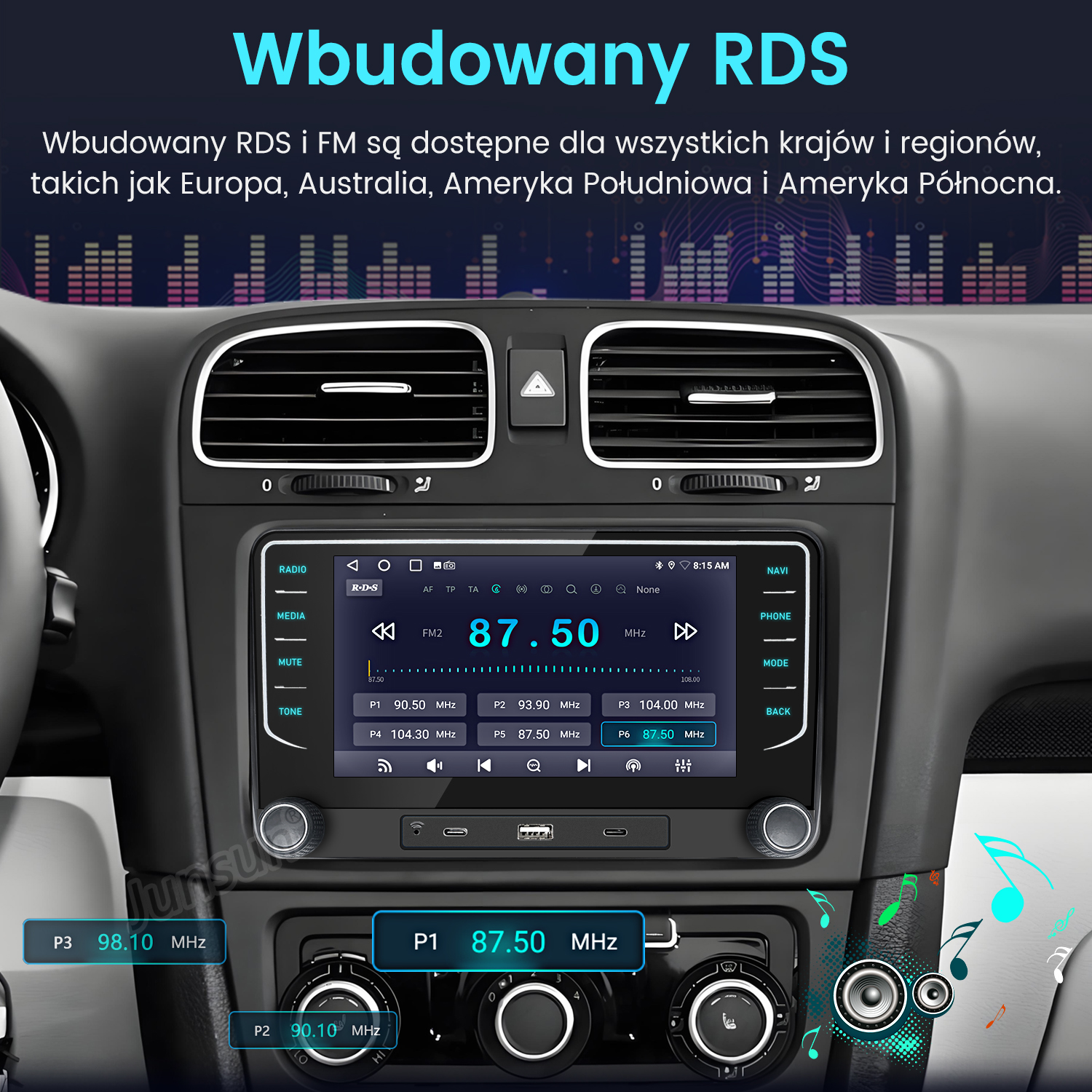 Ekran radia samochodowego wyświetlający FM 87.50 MHz. Tekst u góry: 'Wbudowany RDS'. Widoczne przyciski i elementy sterujące.