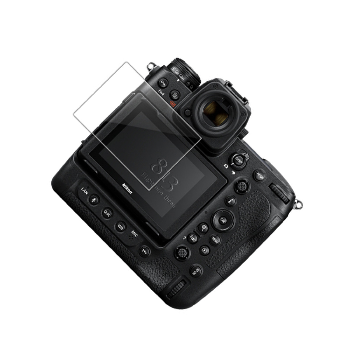 Czarny aparat Nikon z osłoną ekranu. Posiada wiele przycisków i pokręteł. Na ekranie wyświetla się '813 Eight one three'.