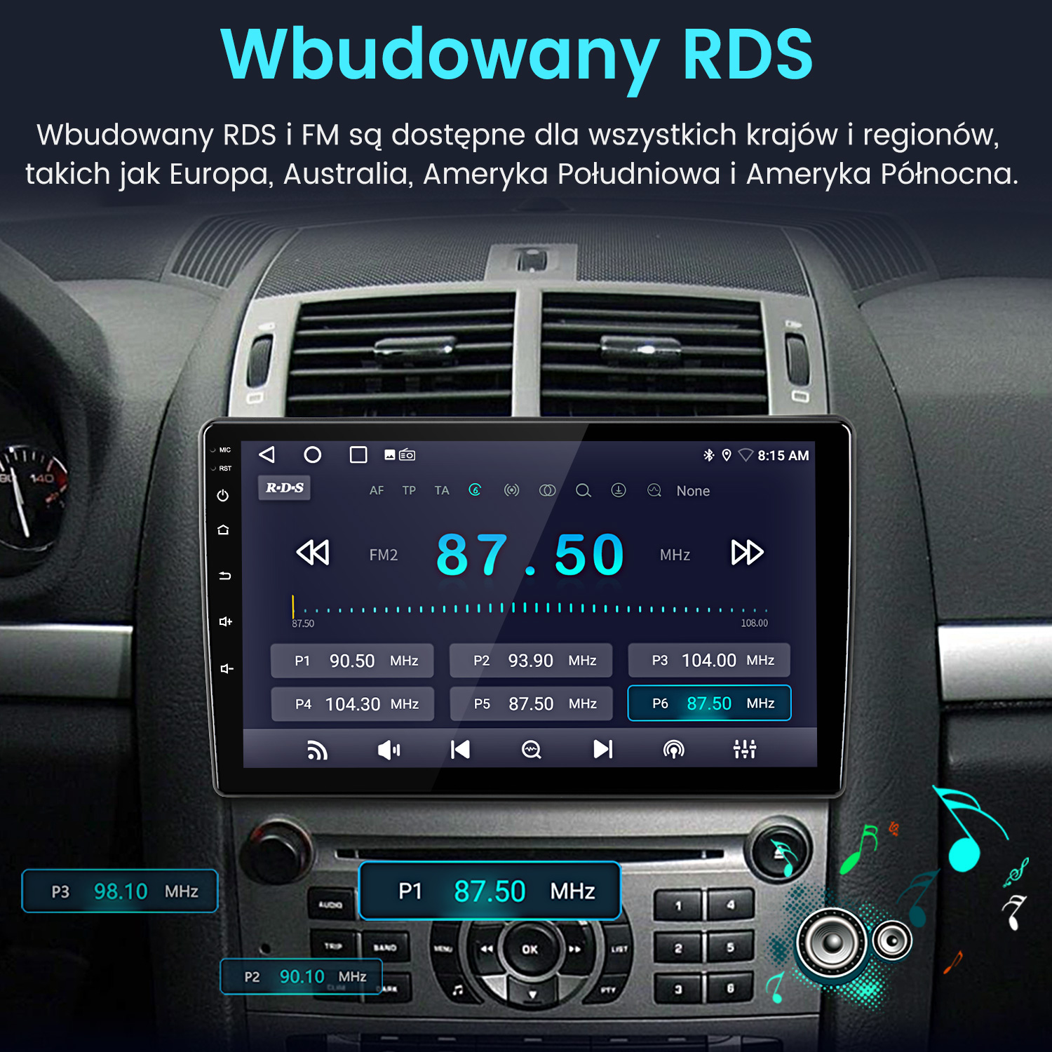 Ekran radia samochodowego wyświetlający częstotliwość radia FM 87,50 MHz. Widoczne są również przyciski i grafika nut muzycznych.