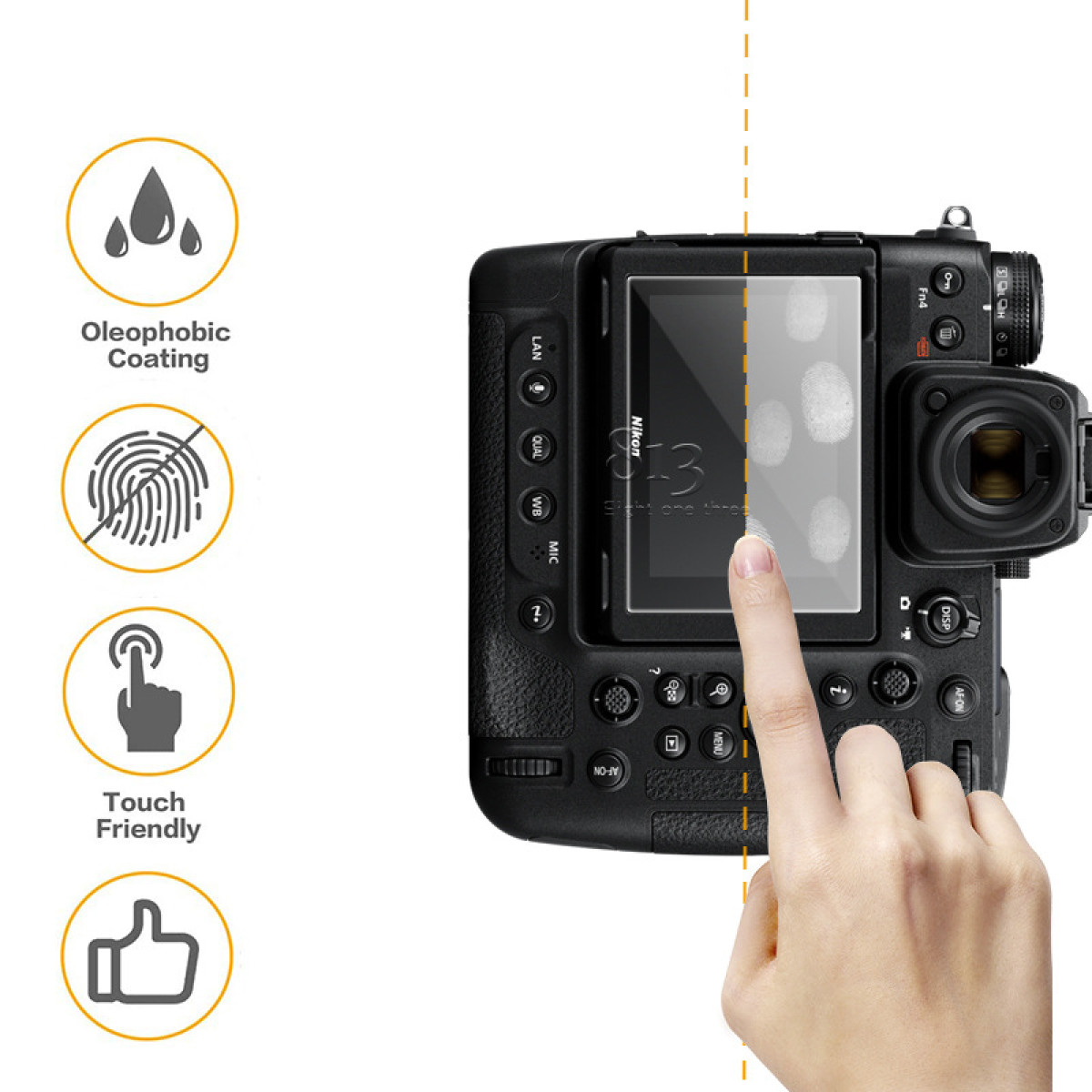 Dłoń dotyka ekranu aparatu. Ekran pokazuje odciski palców po prawej stronie. Widoczne ikony powłoki i funkcji dotykowych.