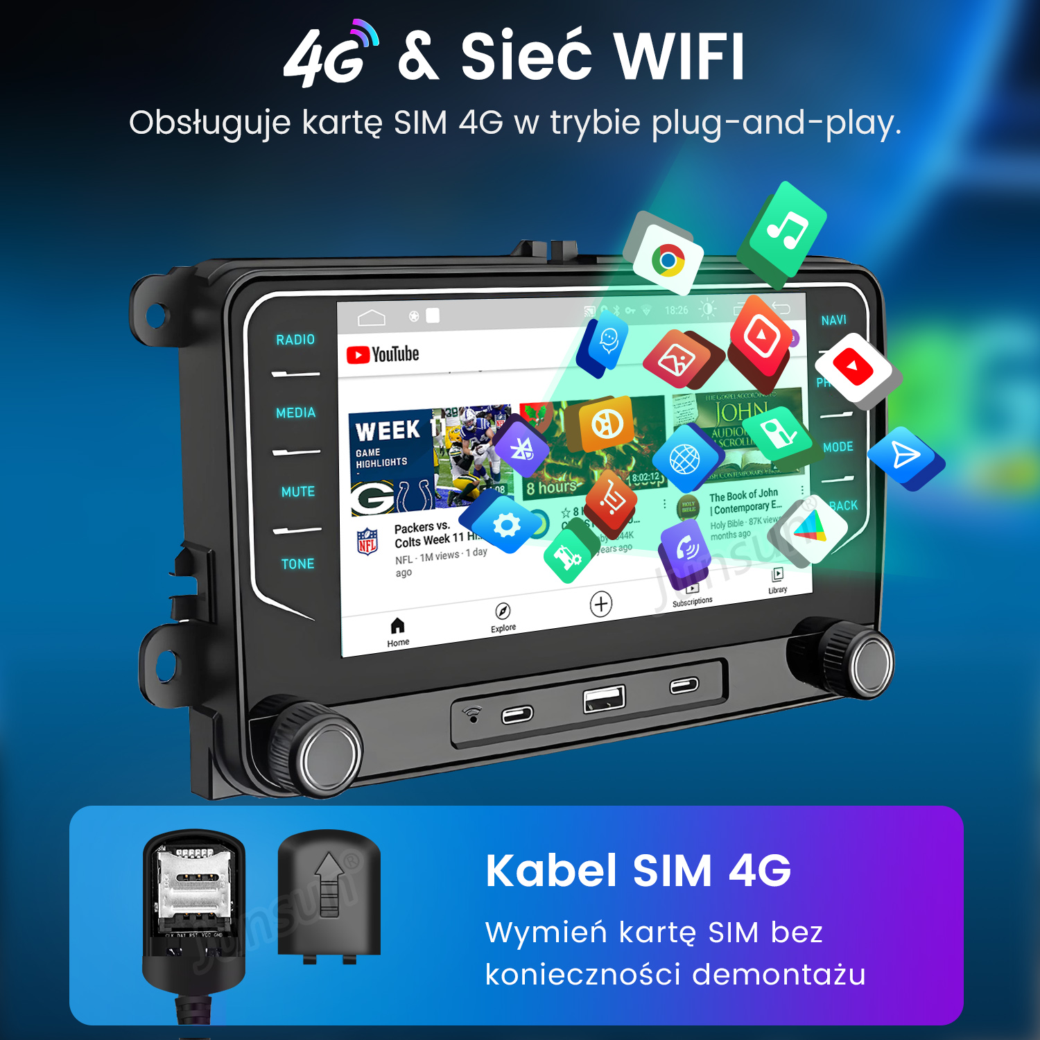 Ekran multimedialny samochodu z interfejsem YouTube, wyświetlający wideo sportowe. Gniazdo SIM i tekst 4G również obecne.