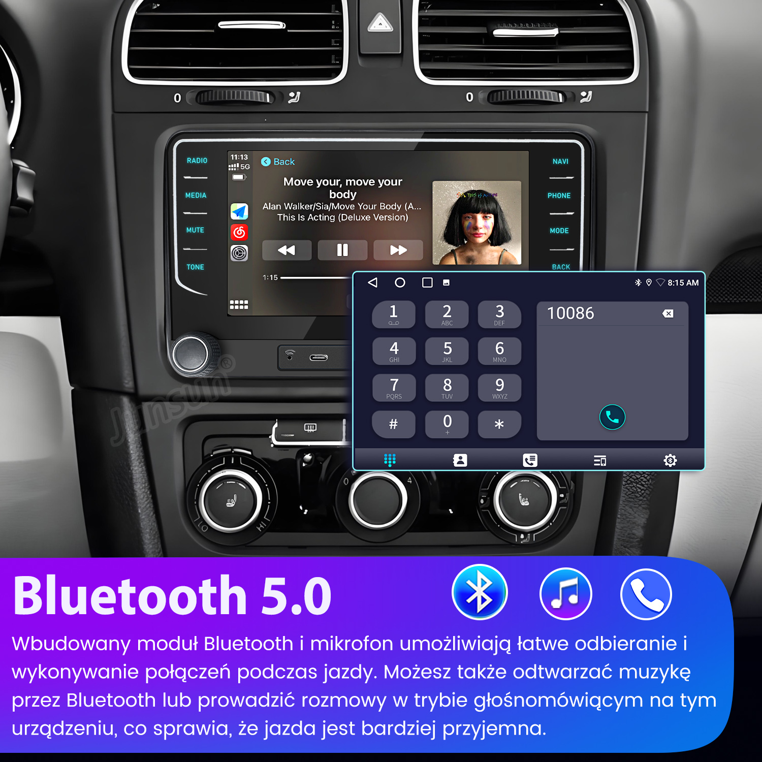 System multimedialny do samochodu z Bluetooth 5.0, pokazujący interfejs odtwarzacza muzyki i ekran wybierania numeru telefonu.