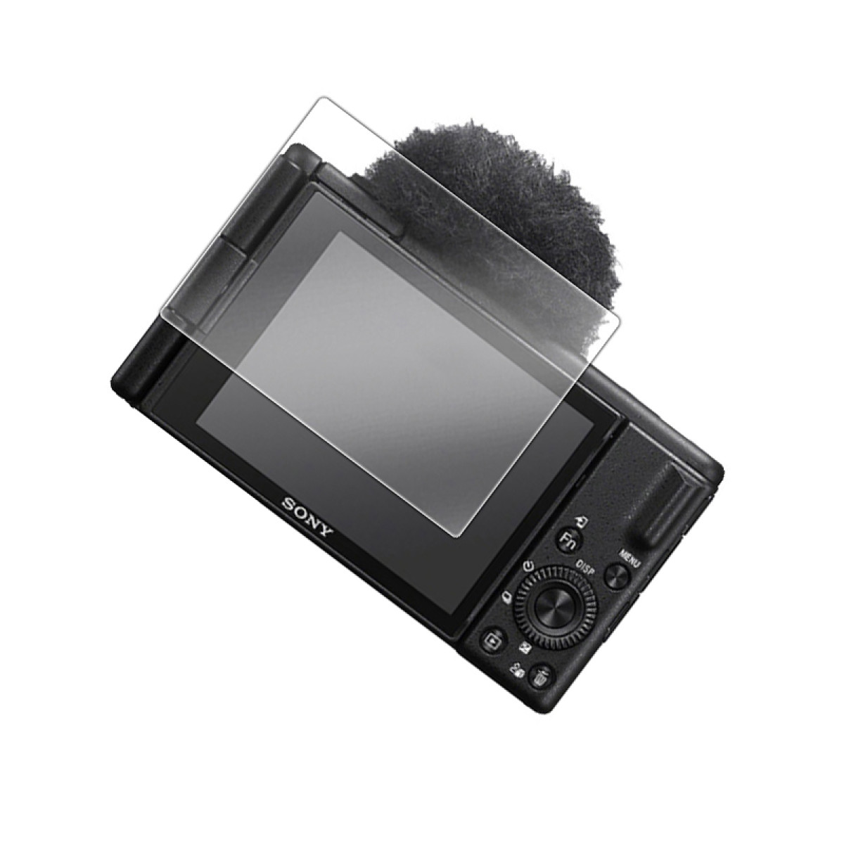 Czarny aparat Sony z osłoną ekranu i mikrofonem. Aparat jest pod kątem, widoczny ekran i przyciski.