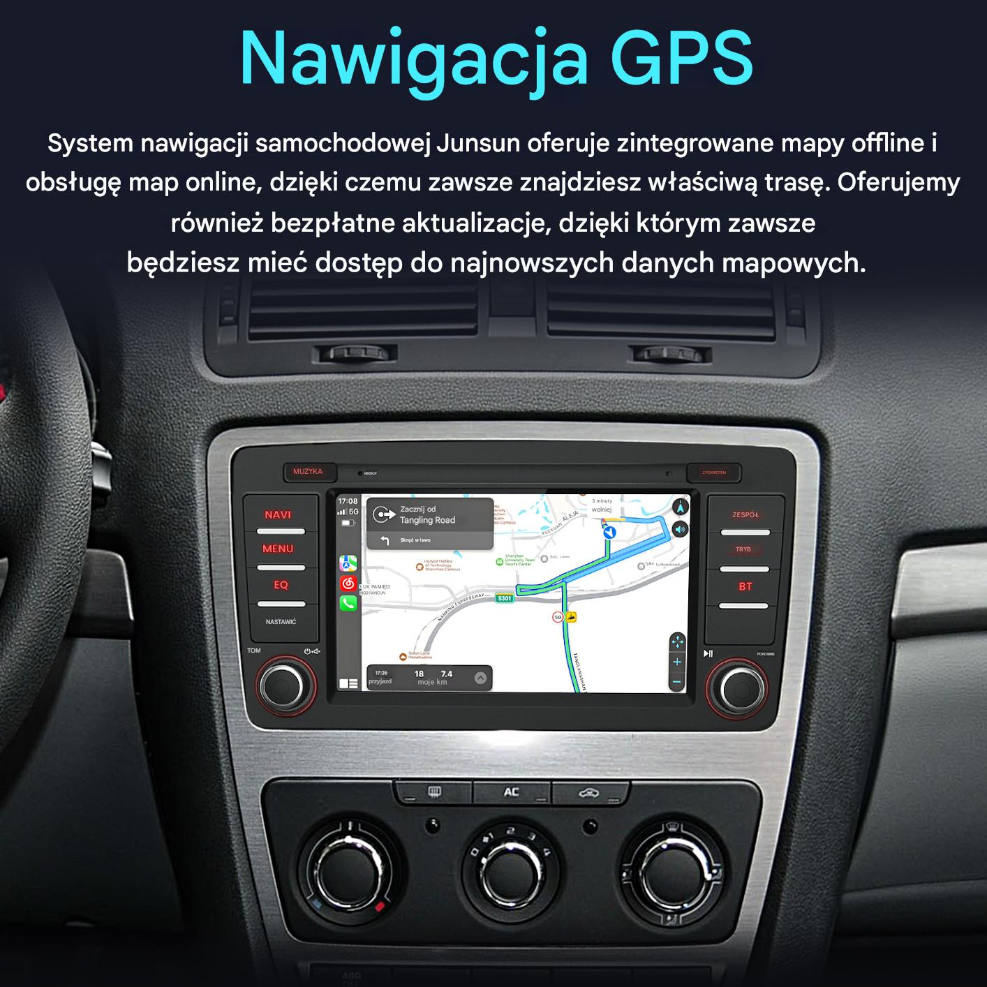 Deska rozdzielcza samochodu z nawigacją GPS pokazującą mapę trasy i elementy sterujące. Widoczne przyciski muzyki, menu i EQ.