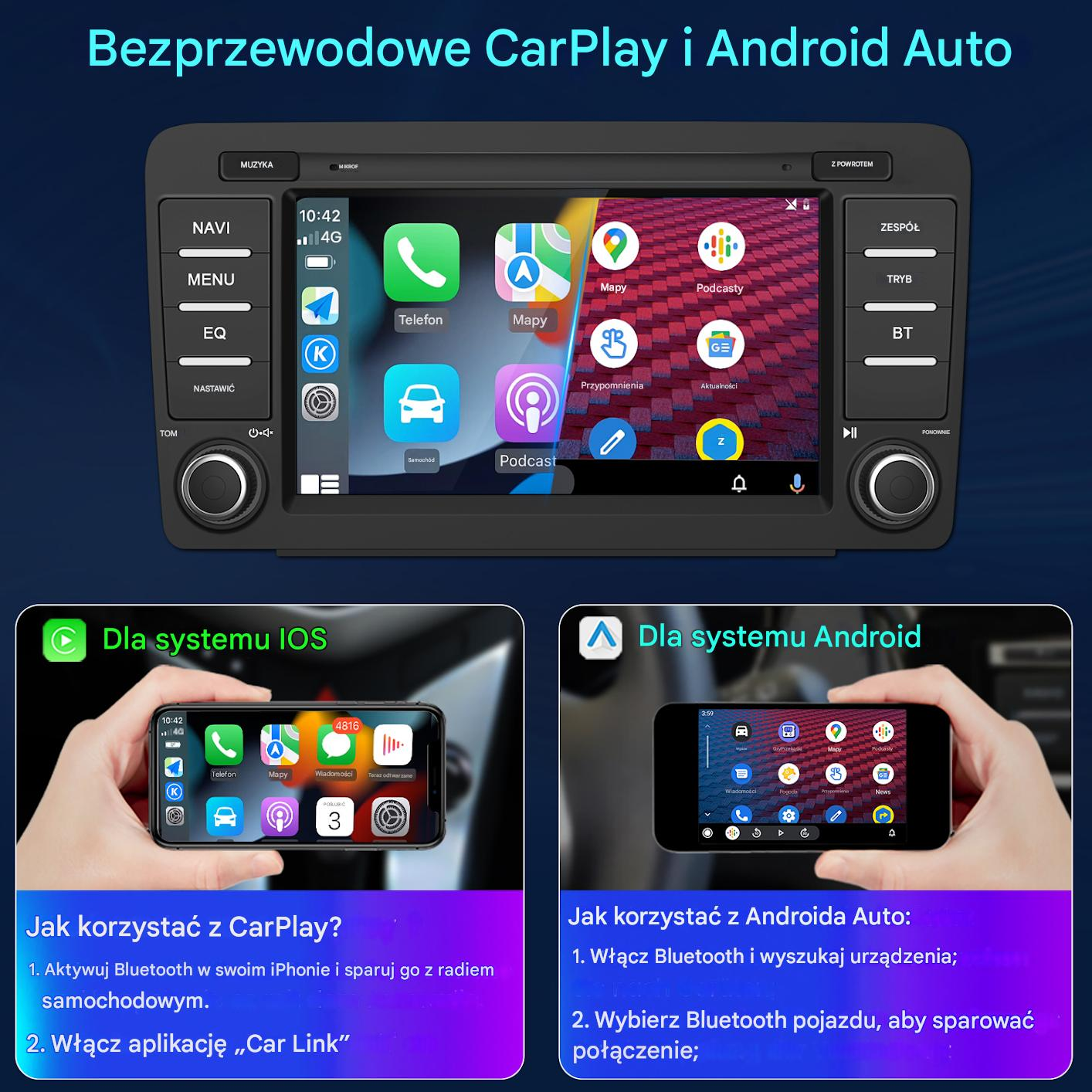 System informacyjno-rozrywkowy w samochodzie z CarPlay i Android Auto. Pokazuje telefon, mapy, podcasty i ustawienia auta.