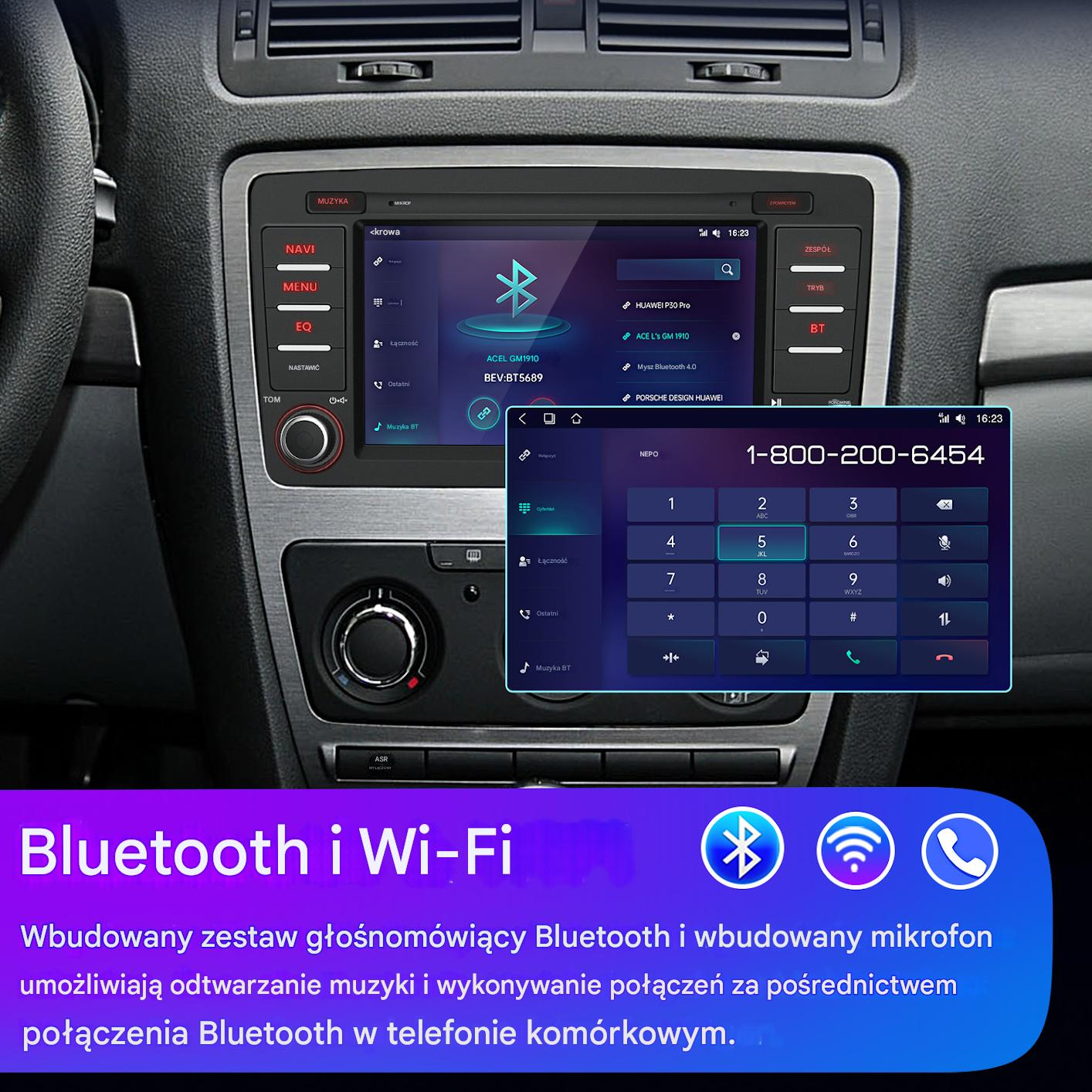 System stereo samochodowy. Ekran wyświetla opcje Bluetooth i klawiaturę do połączeń. Tekst wskazuje możliwości Bluetooth i Wi-Fi.
