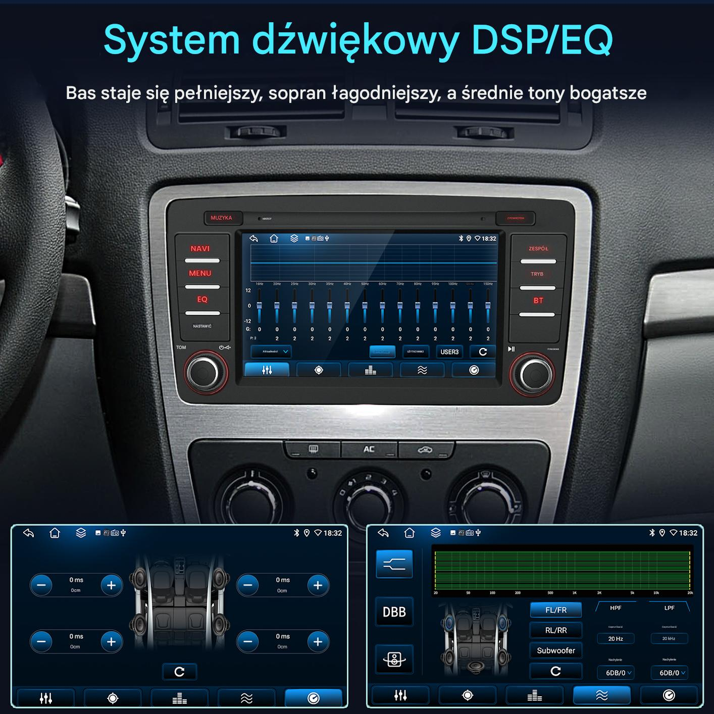 Interfejs systemu audio w samochodzie, pokazujący ustawienia equalizera i kontroli audio, z wyświetlaczem cyfrowym.
