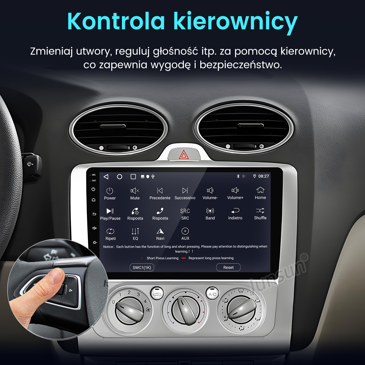 Widok wnętrza samochodu: elementy sterowania kierownicą, deska rozdzielcza z ekranem i ręka naciskająca przycisk. Widoczny tekst 'Kontrola kierownicy'.