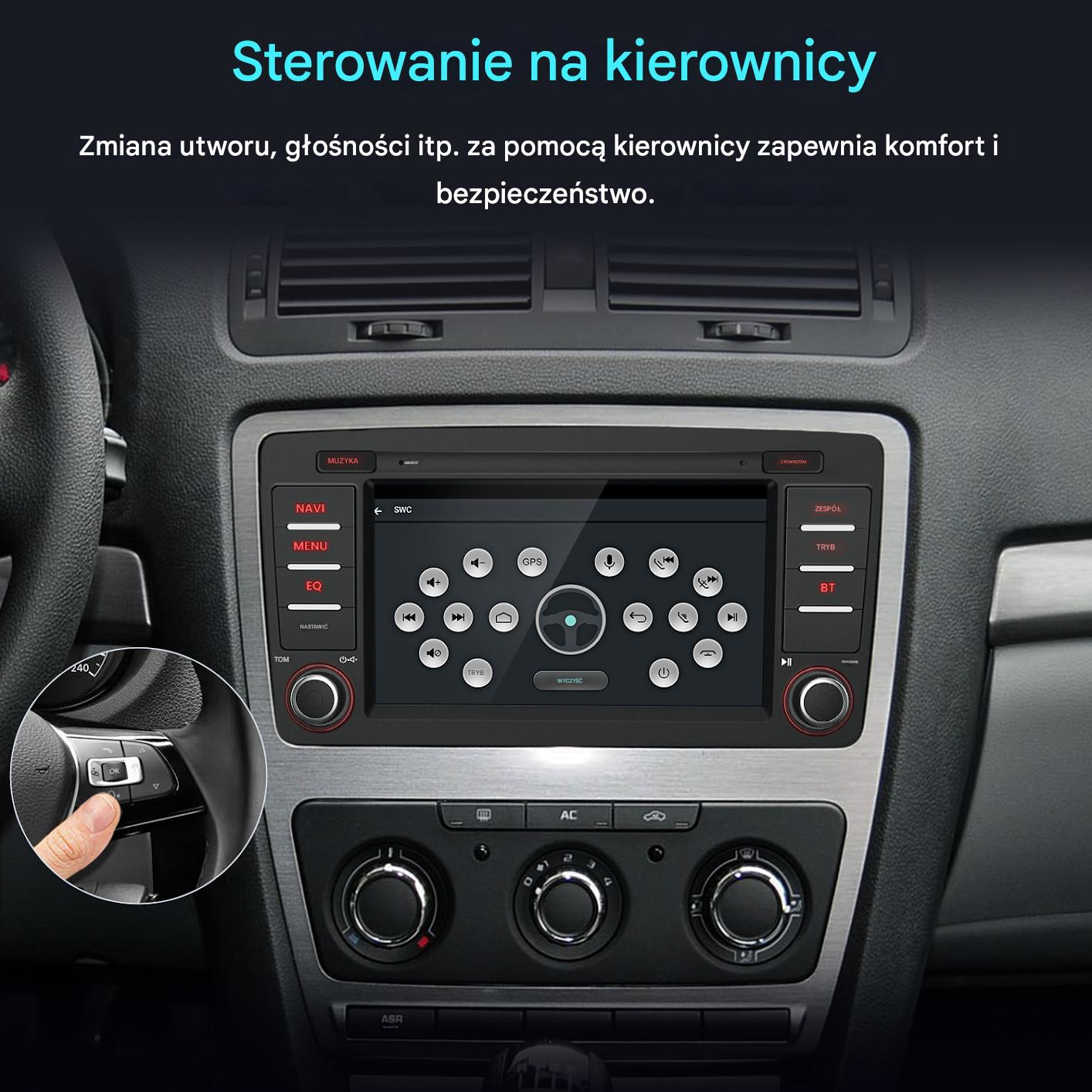 Deska rozdzielcza samochodu z ekranem dotykowym, przyciskami sterowania kierownicą oraz różnymi przyciskami i pokrętłami do klimatyzacji.