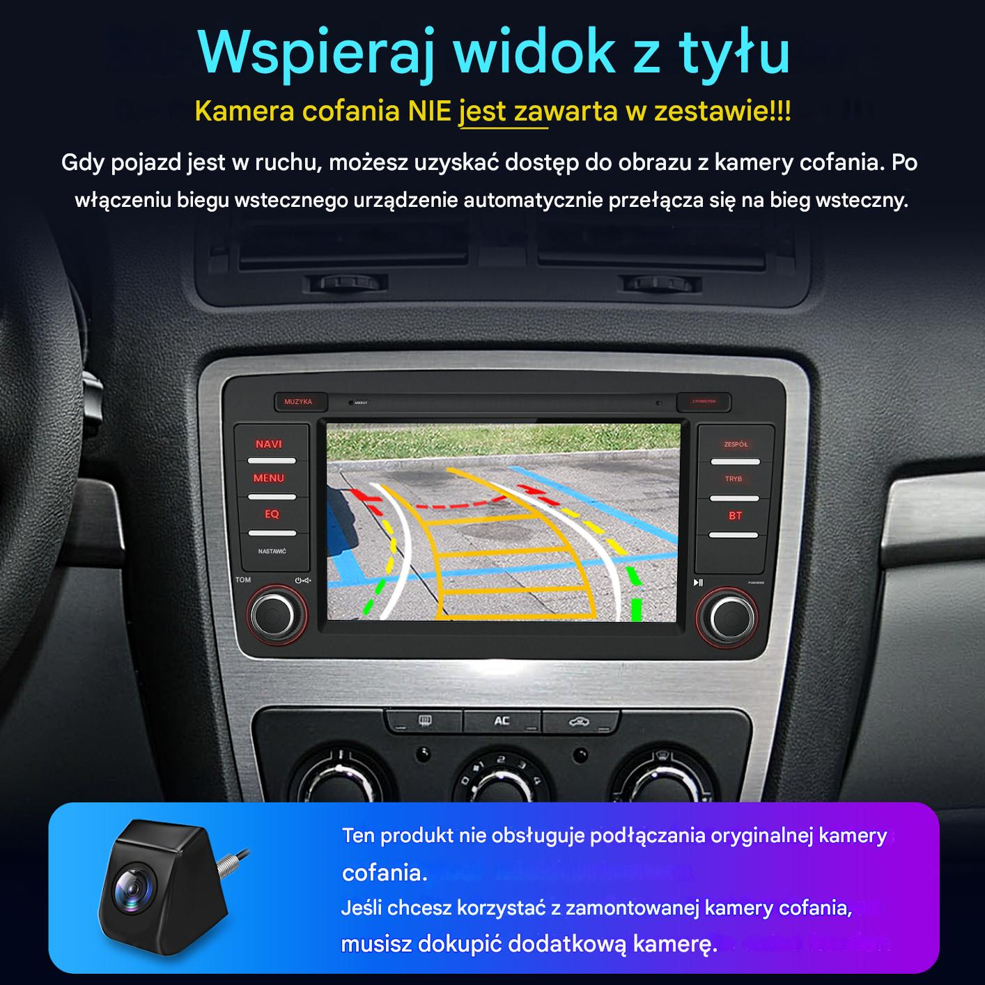 Deska rozdzielcza samochodu z widokiem kamery cofania. Pokazuje wnętrze samochodu i kamerę na fioletowym banerze.