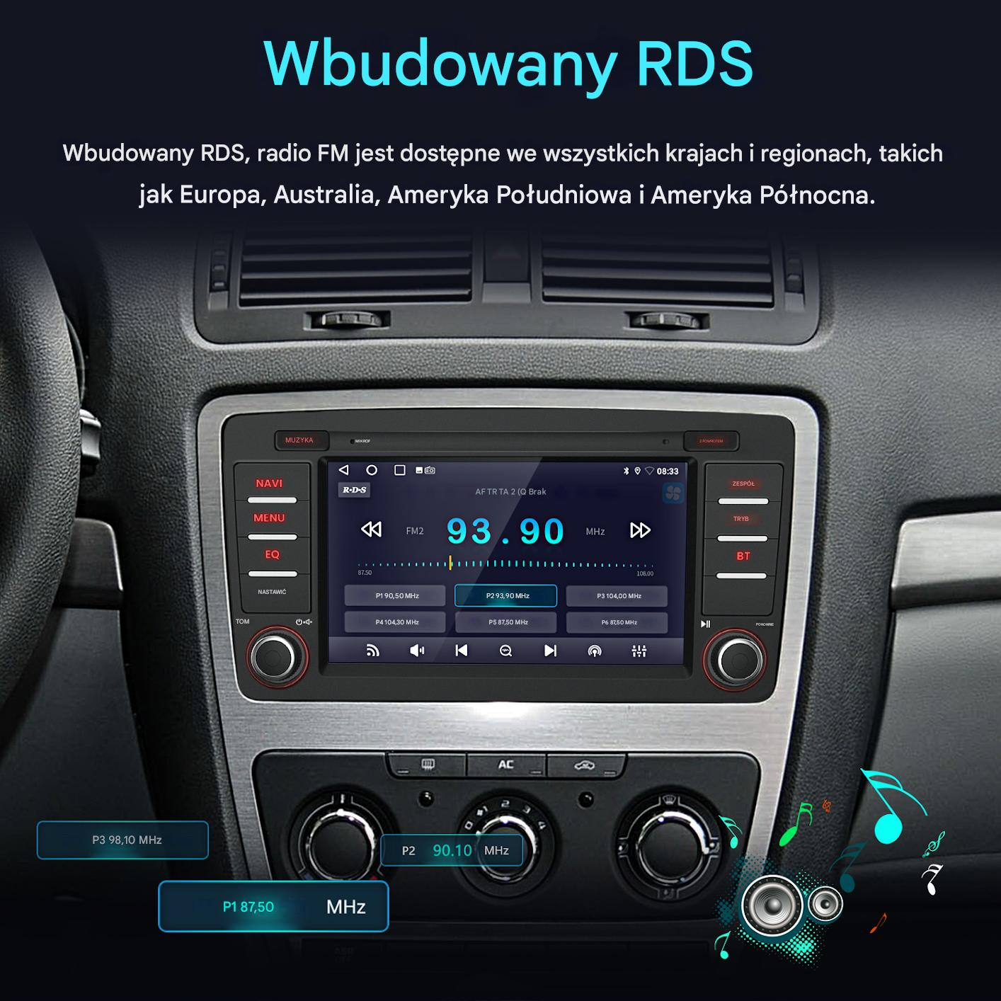 Ekran radia samochodowego wyświetlający FM 93,90 MHz. Widoczne przyciski i elementy sterujące. Wnętrze samochodu.