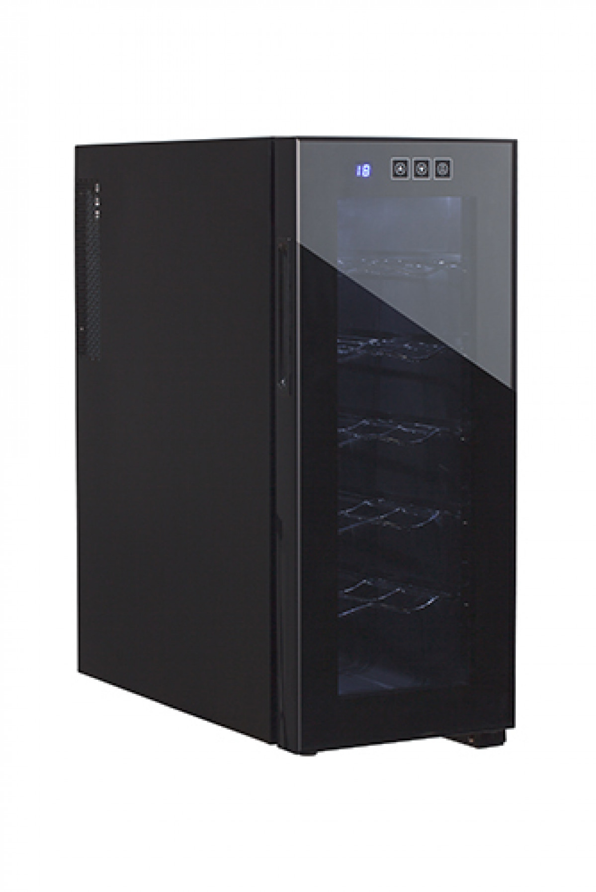 Czarna chłodziarka do wina ze szklanymi drzwiami, pokazująca wewnętrzne półki. Ma cyfrowy wyświetlacz na górze.