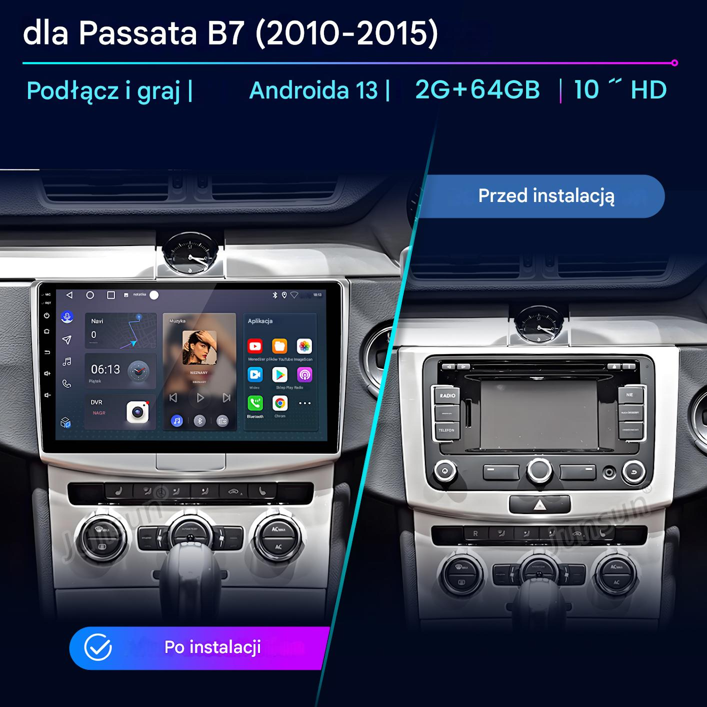 Porównanie deski rozdzielczej: przed i po instalacji systemu Android. Pokazuje ekran, przyciski i specyfikacje systemu.