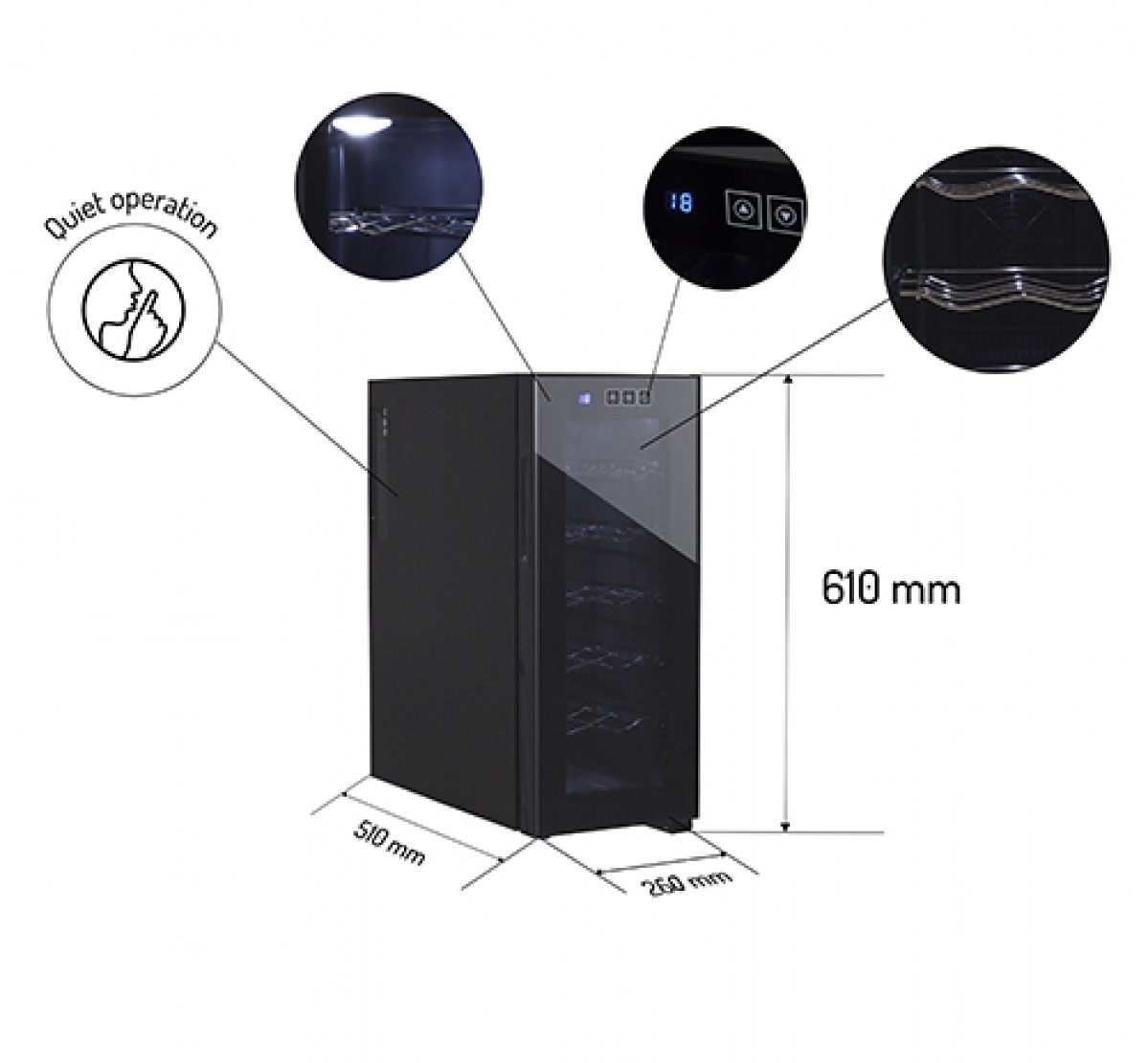 Czarna chłodziarka do wina ze szklanymi drzwiami. Szczegóły pokazują wewnętrzne półki, panel sterowania i wymiary: 510mm x 260mm x 610mm. Zawiera ikonę 'cicha praca'.