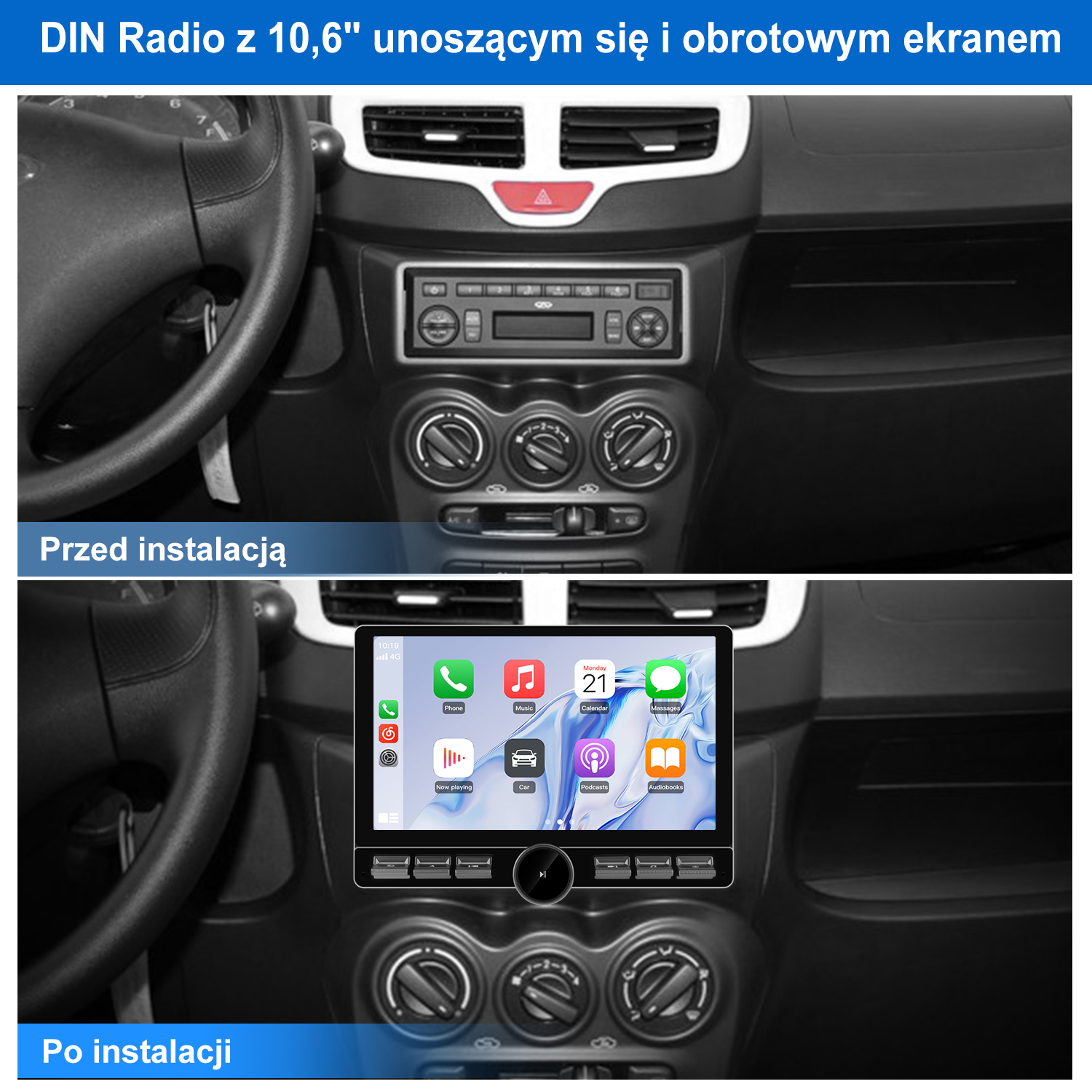 Deska rozdzielcza samochodu z radiem przed i po instalacji. Nowe radio ma ekran dotykowy z ikonami aplikacji.