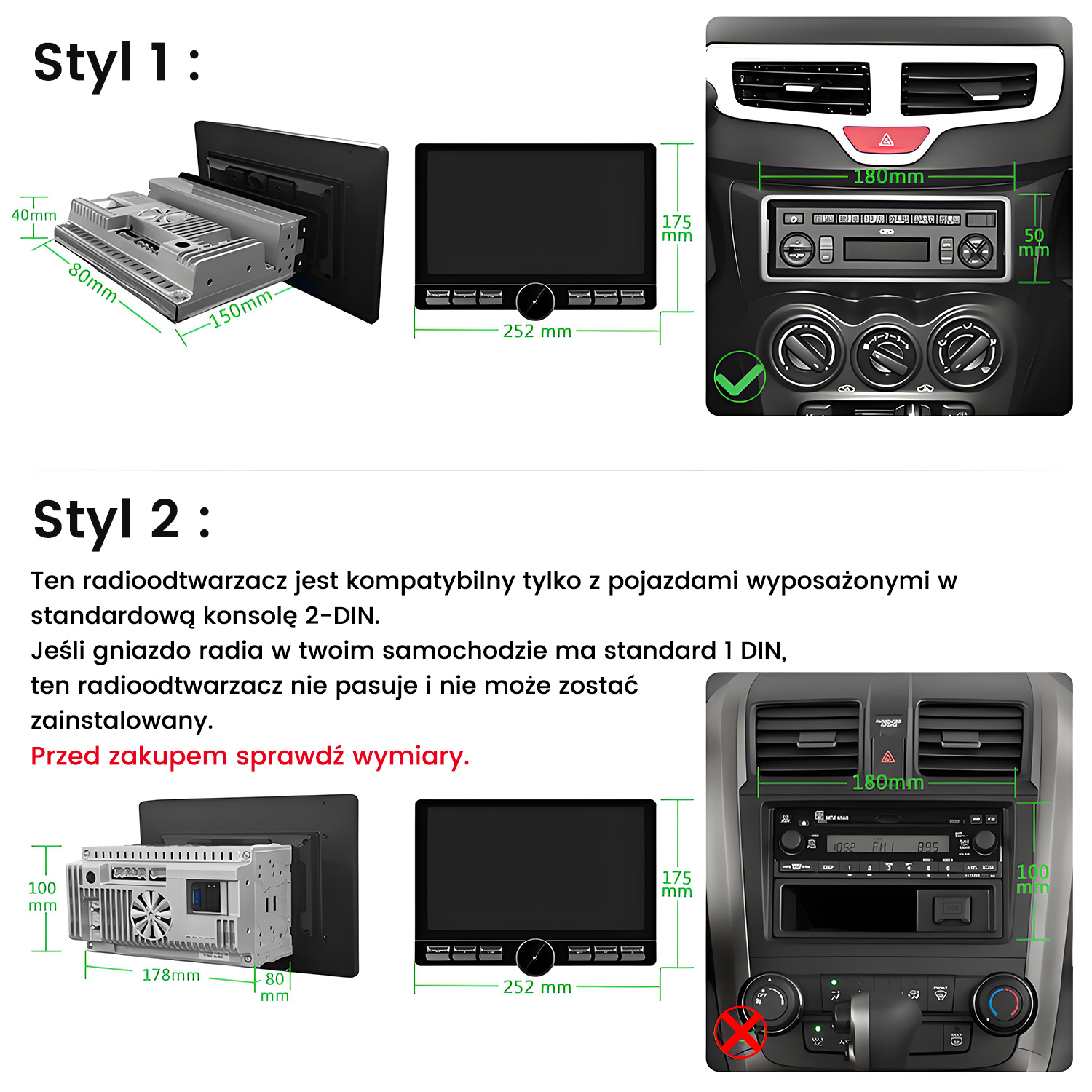 Schematy pokazują wymiary radia samochodowego i kompatybilność. Styl 1 pasuje, styl 2 nie. Zmierz przed zakupem.