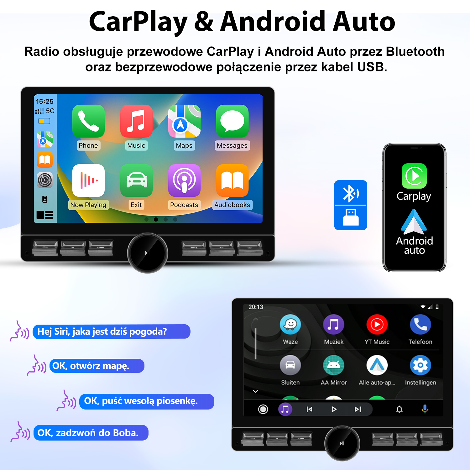Ekrany interfejsu CarPlay i Android Auto. Wyświetla ikony aplikacji i elementy sterujące. Obraz przedstawia dwa różne ekrany z różnymi aplikacjami.