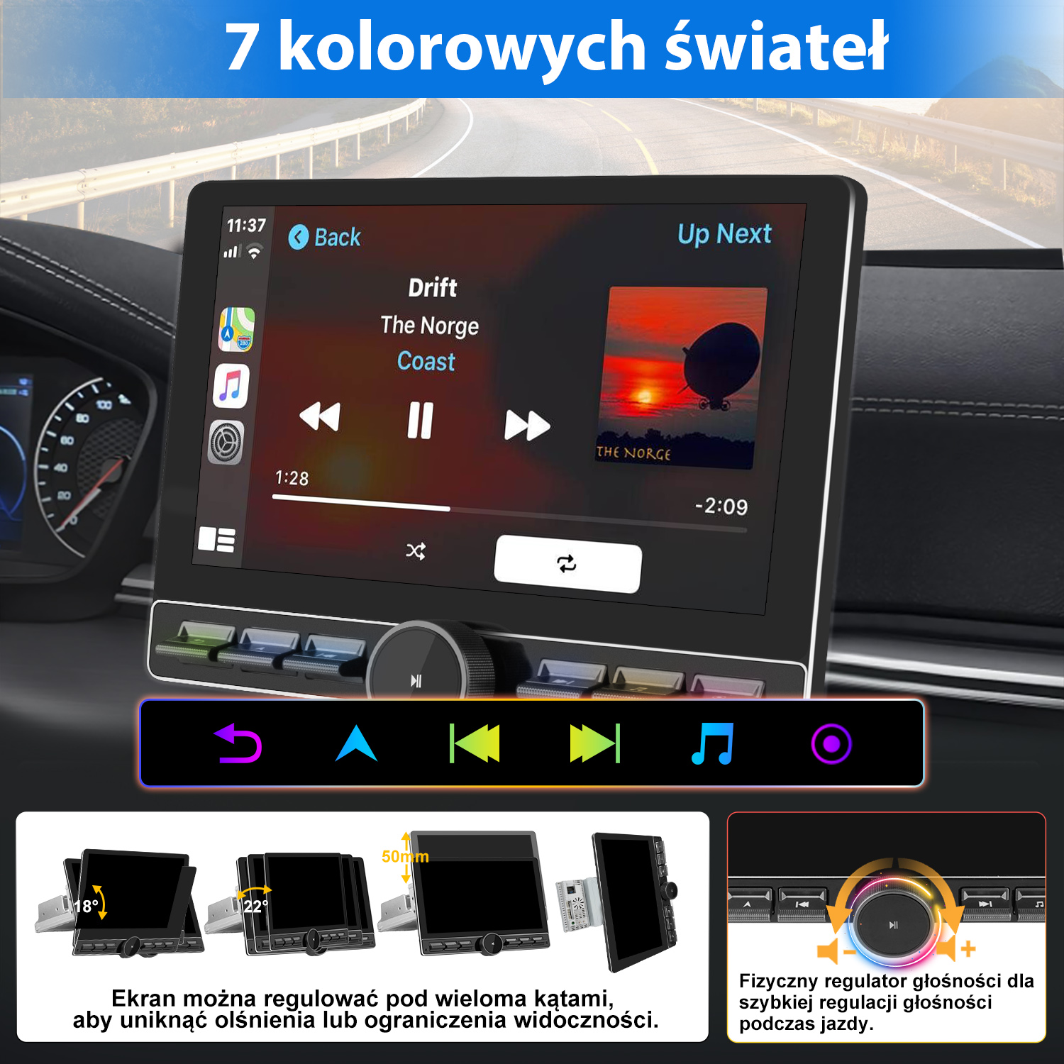 Samochodowy system multimedialny pokazujący interfejs muzyczny, ekran z regulowanymi kątami i fizycznym pokrętłem głośności.