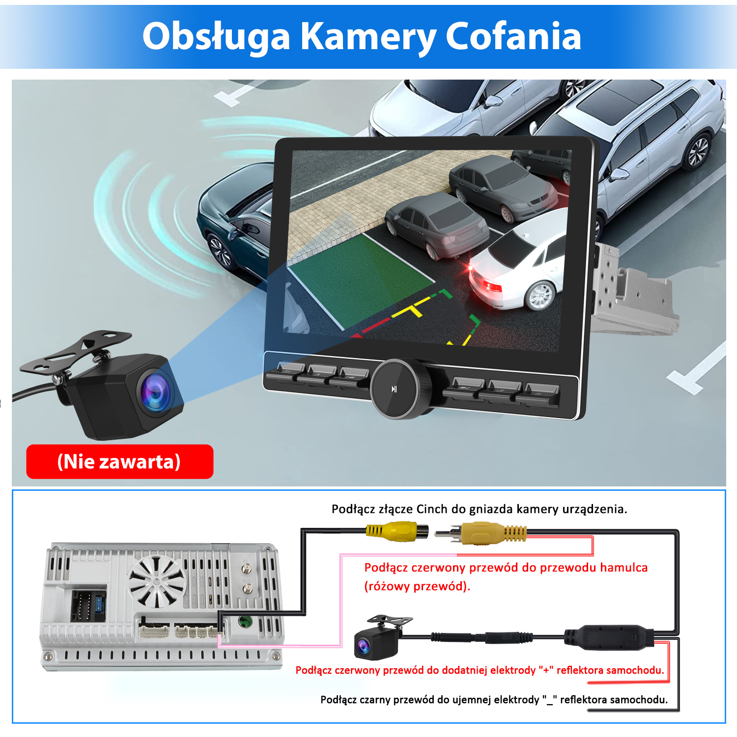 Konfiguracja kamery cofania w samochodzie. Ekran wyświetla widok parkowania wraz z instrukcjami okablowania dla połączeń i komponentów.