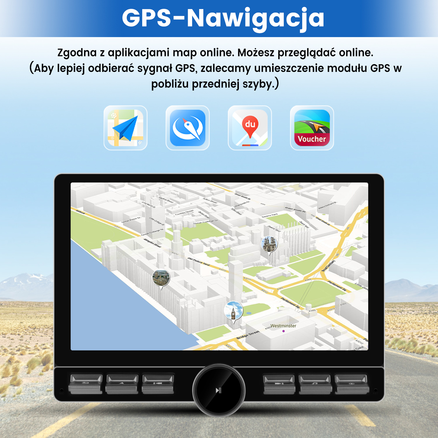 Ekran GPS w samochodzie wyświetla mapę Westminster w Wielkiej Brytanii. U góry znajdują się ikony aplikacji. Tło przedstawia drogę i krajobraz pustynny.
