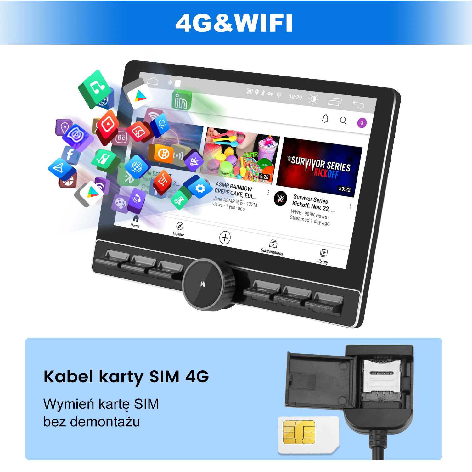 Tablet z ikonami aplikacji, filmem z YouTube i gniazdem na kartę SIM. Tekst: 4G&WIFI, Kabel karty SIM 4G, Wymień kartę SIM bez demontażu.