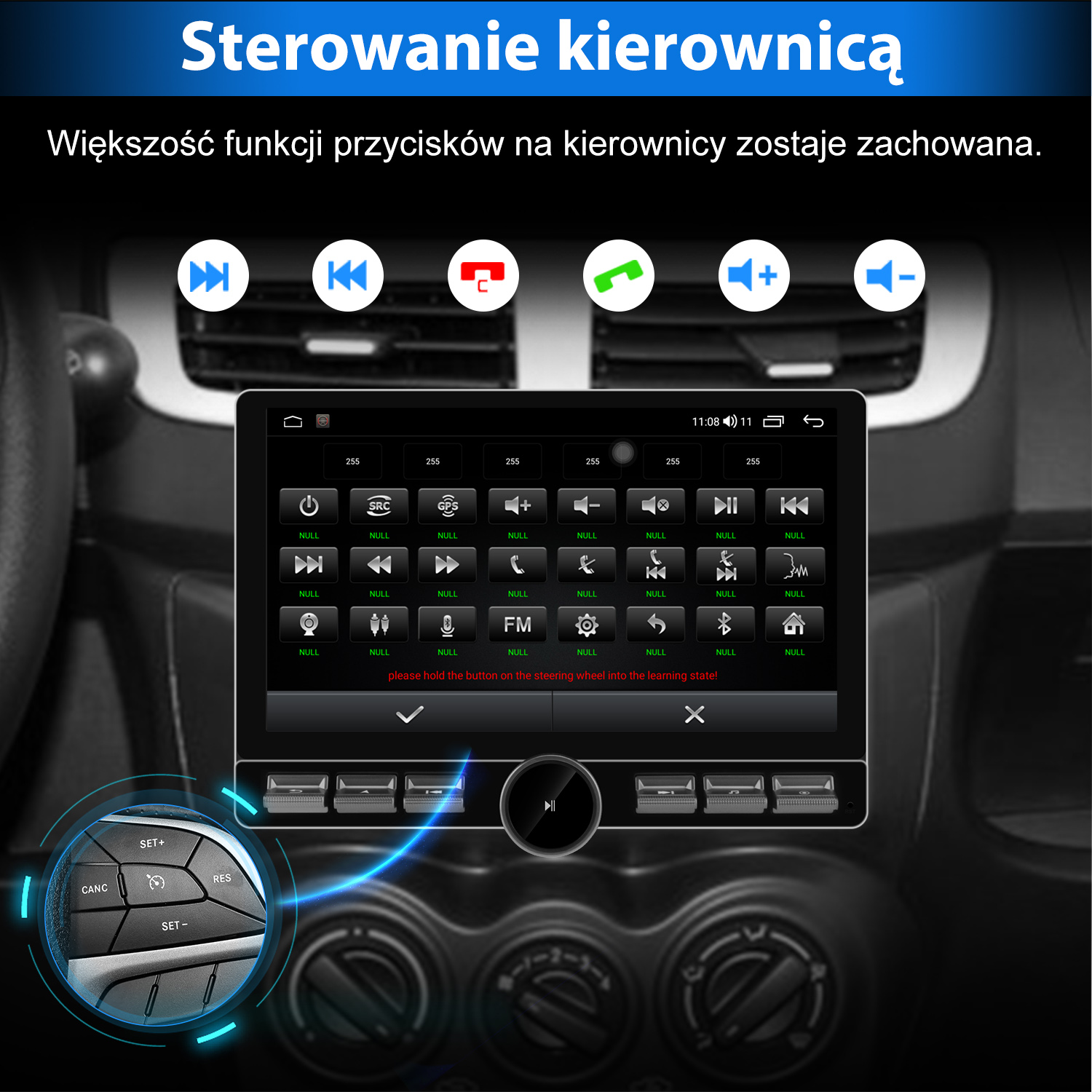 Ekran deski rozdzielczej samochodu pokazujący różne przyciski i ikony do multimediów i sterowania samochodem.