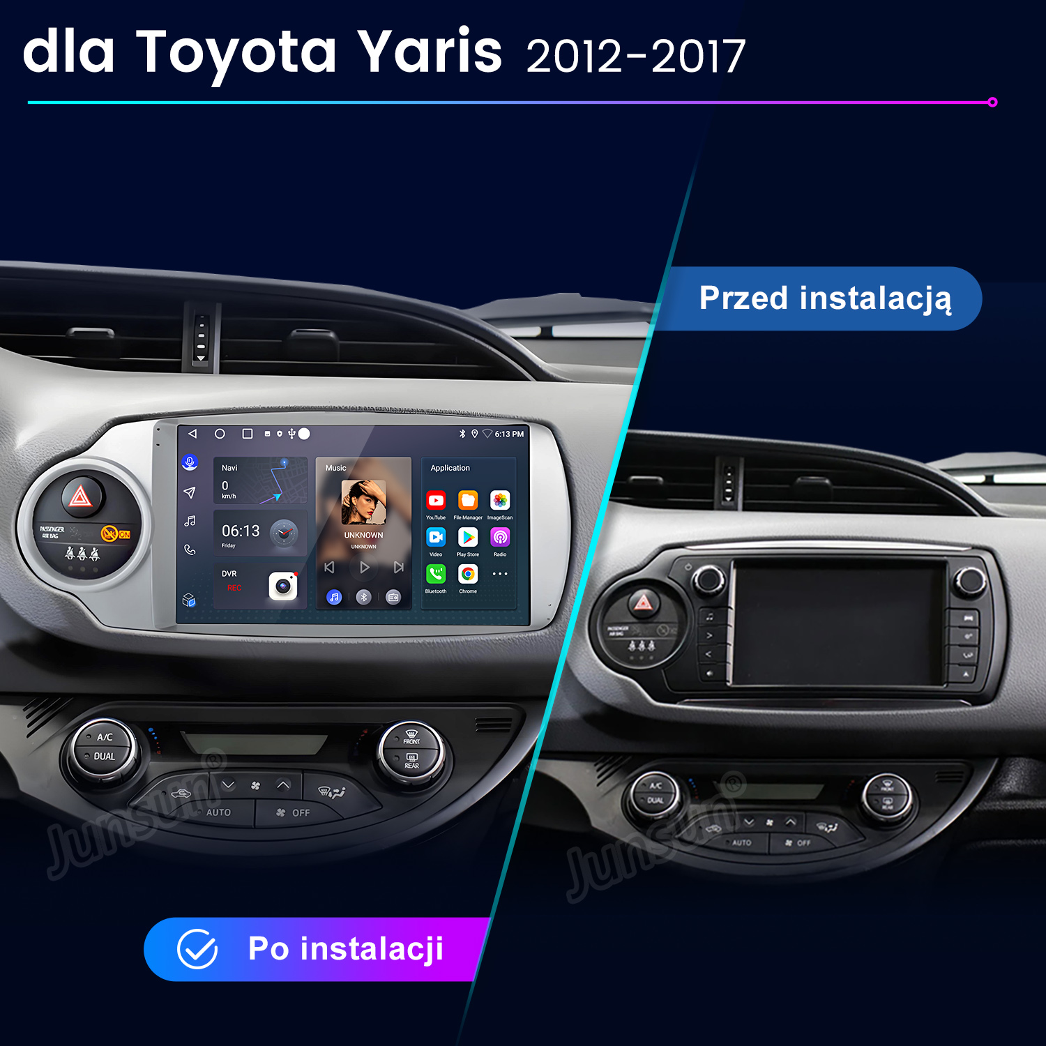 Porównanie deski rozdzielczej Toyoty Yaris przed i po instalacji. Pokazuje modernizację ekranu z nawigacją i elementami sterowania multimediami.