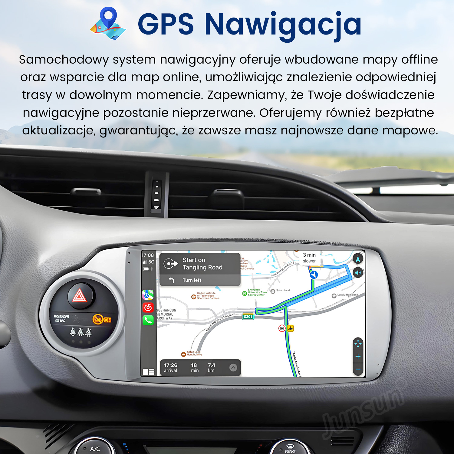 Deska rozdzielcza samochodu z nawigacją GPS pokazującą mapę i wskazówki. Włączone światło awaryjne.